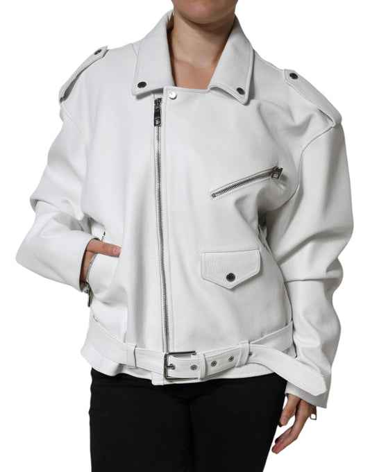 Dolce & Gabbana White Lambskin Leather Biker Coat Women's Jacket (Pre-Owned)