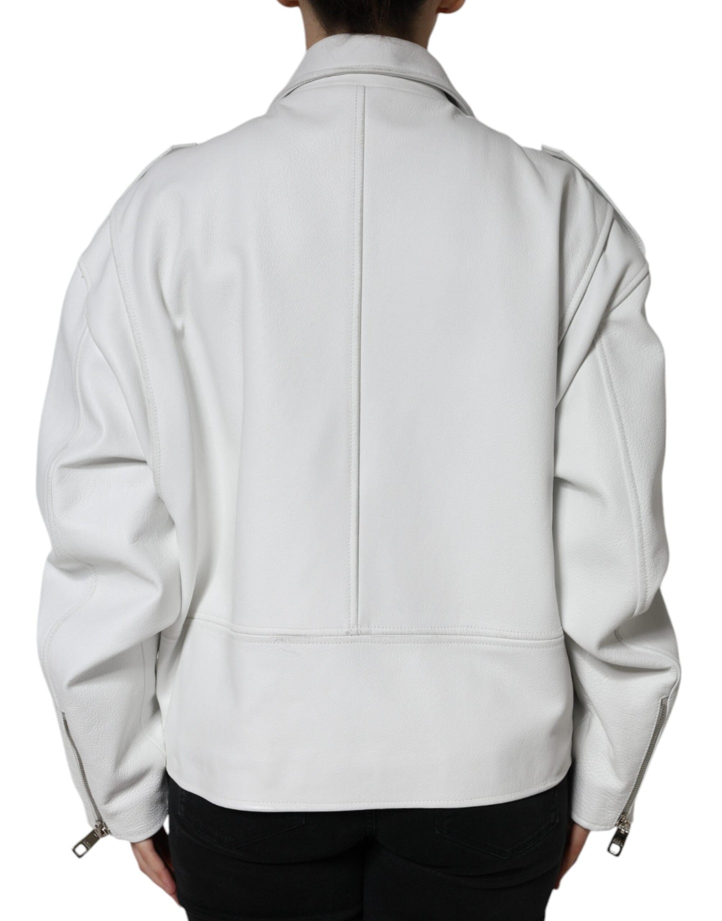 Dolce & Gabbana White Lambskin Leather Biker Coat Women's Jacket (Pre-Owned)