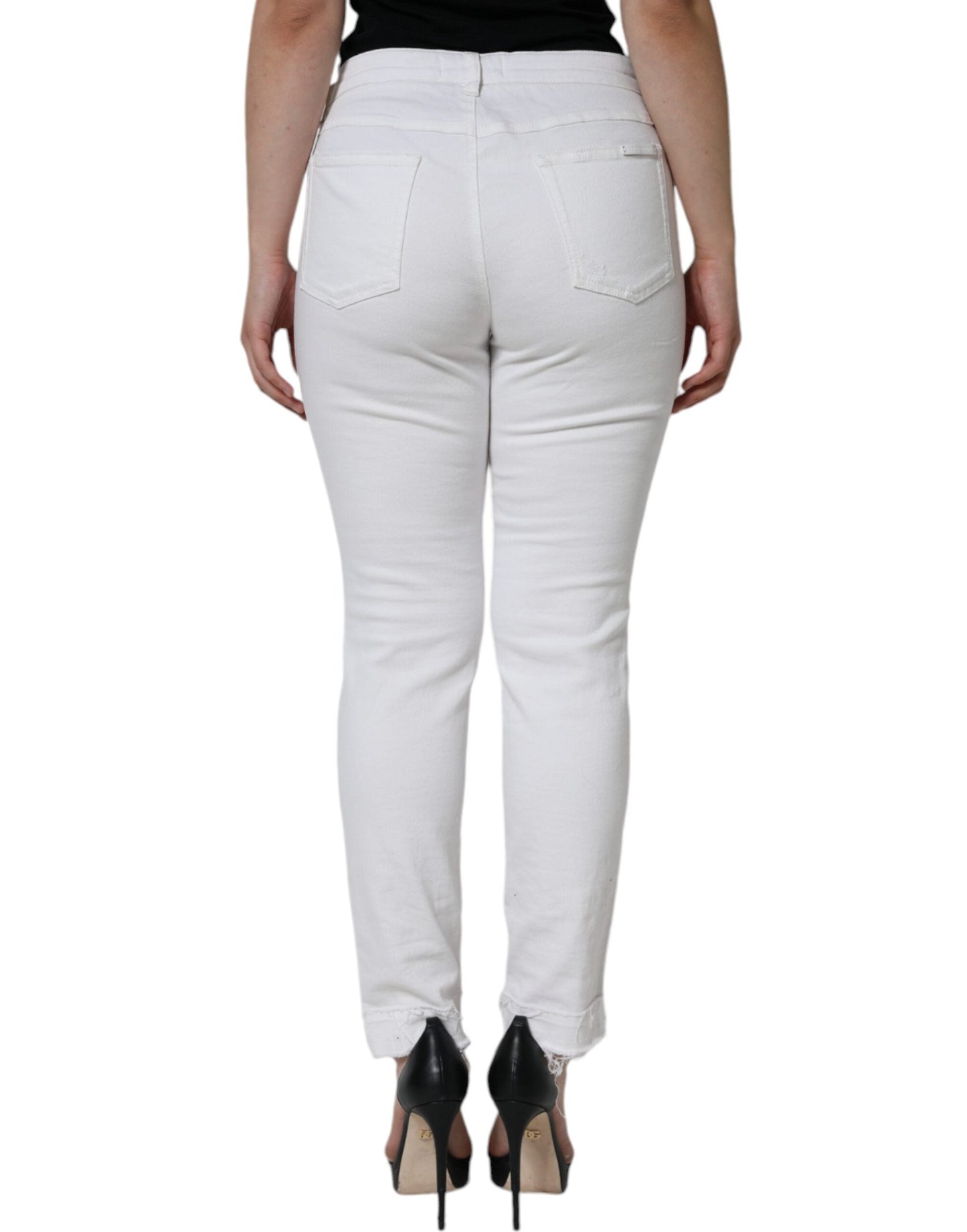 Dolce & Gabbana White Cotton Stretch Tattered Skinny Women's Jeans (Pre-Owned)
