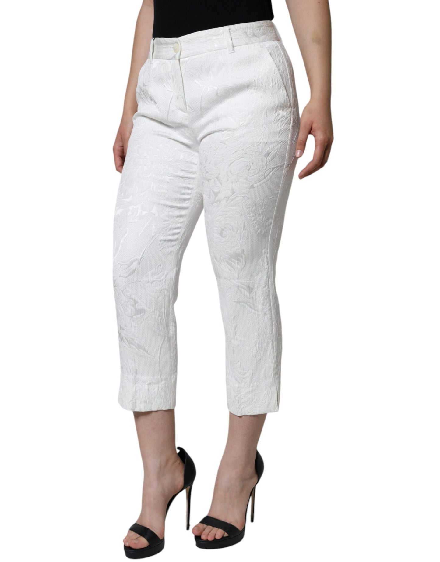Dolce & Gabbana White Floral Brocade Cotton Cropped Women's Pants