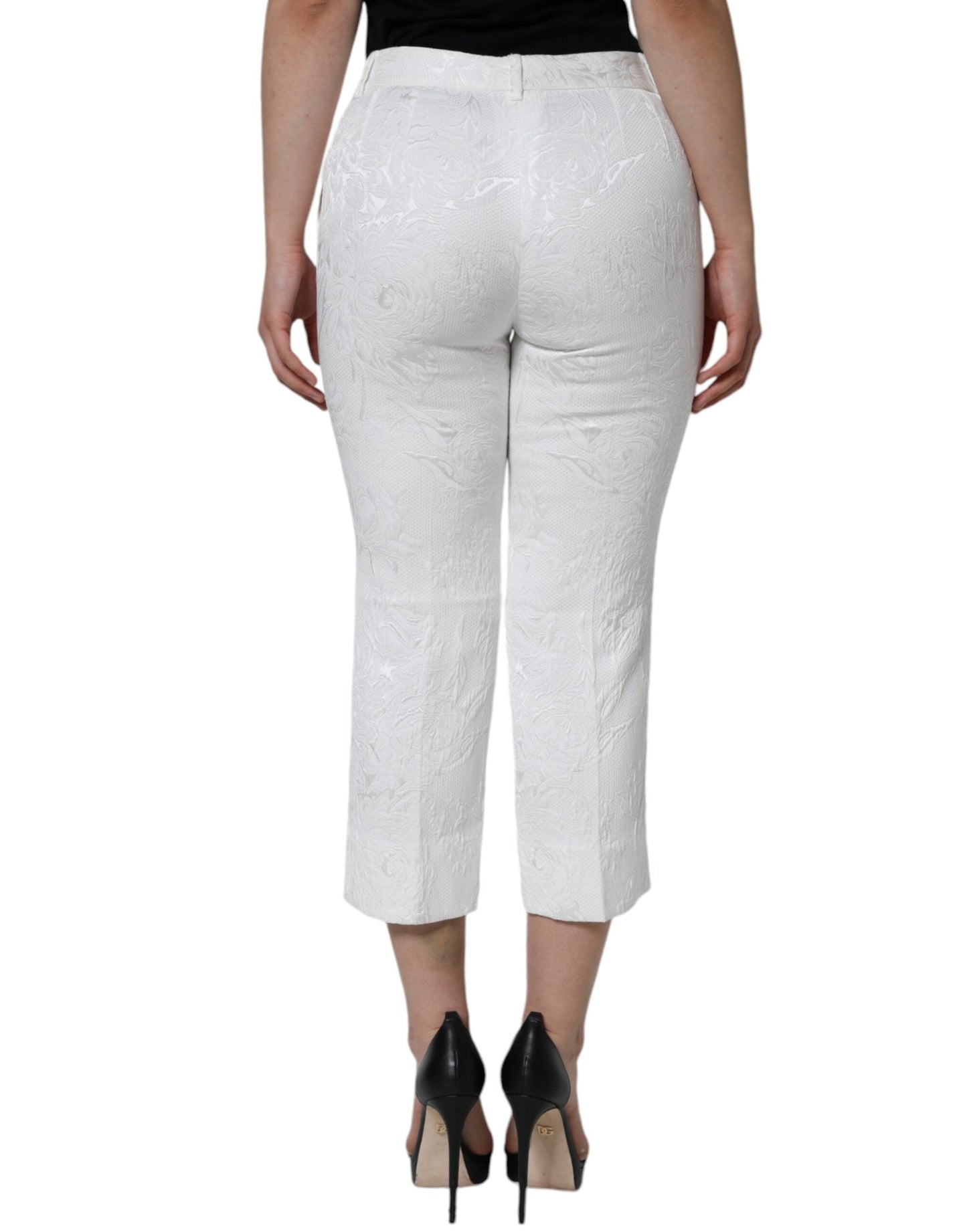 Dolce & Gabbana White Floral Brocade Cotton Cropped Women's Pants