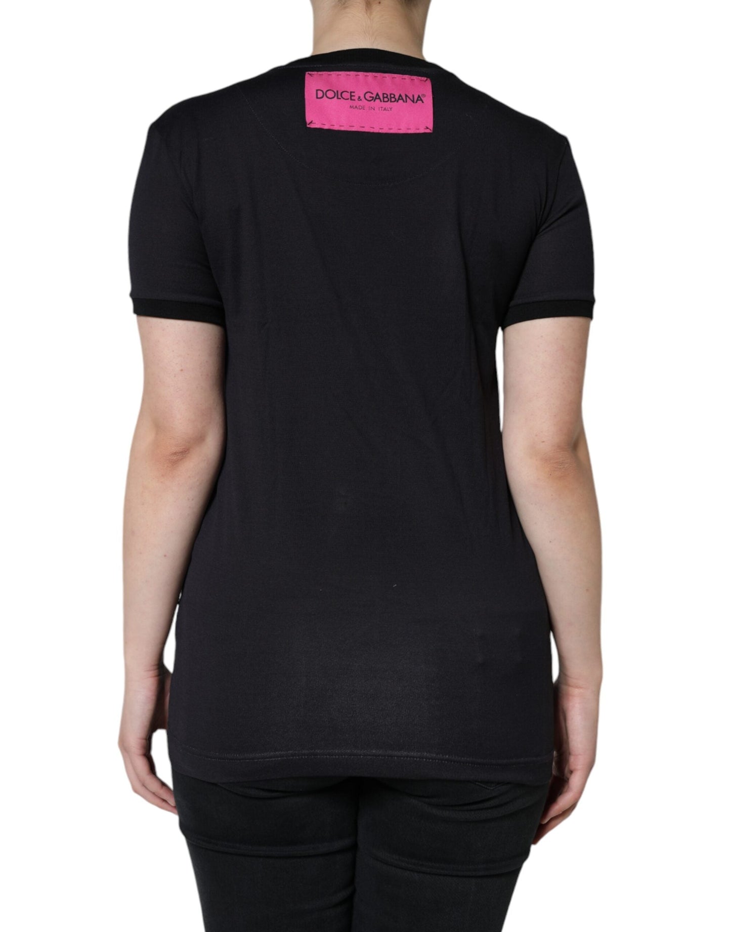 Dolce & Gabbana Black Cotton Logo Print Round Neck Women's T-shirt