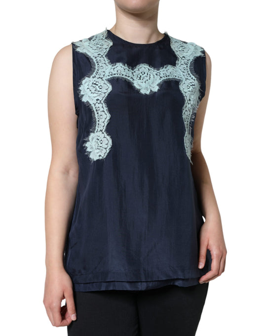 Dolce & Gabbana Blue Floral Lace Silk Sleeveless Tank Women's Top (Pre-Owned)