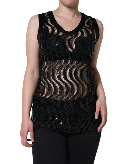 Dolce & Gabbana Black Sequin Sleeveless Tank Blouse Women's Top