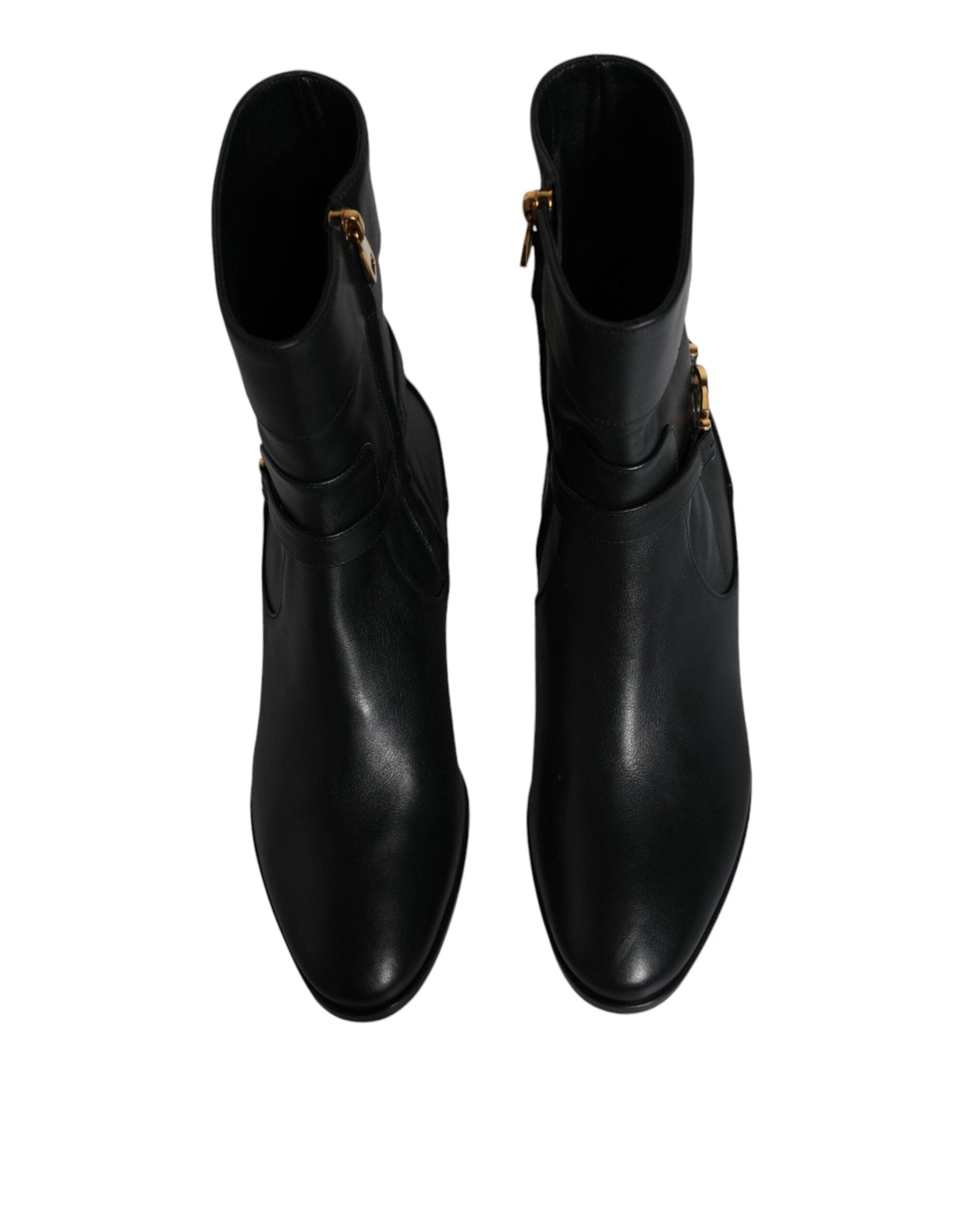 Dolce & Gabbana Black Leather Logo Mid Calf Boots Women's Shoes