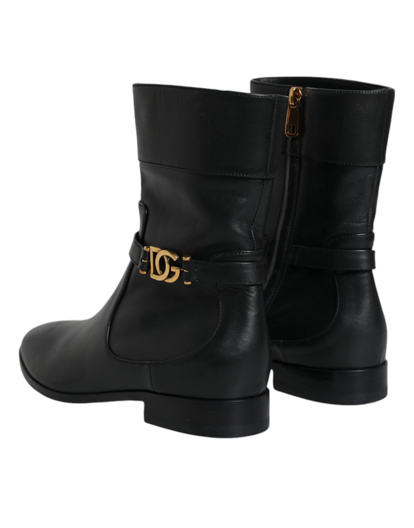 Dolce & Gabbana Black Leather Logo Mid Calf Boots Women's Shoes