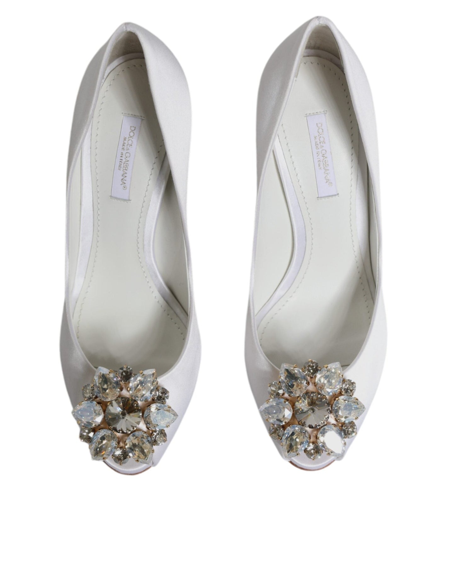 Dolce & Gabbana White Crystals Peep Toe Satin Pumps Women's Shoes (Pre-Owned)