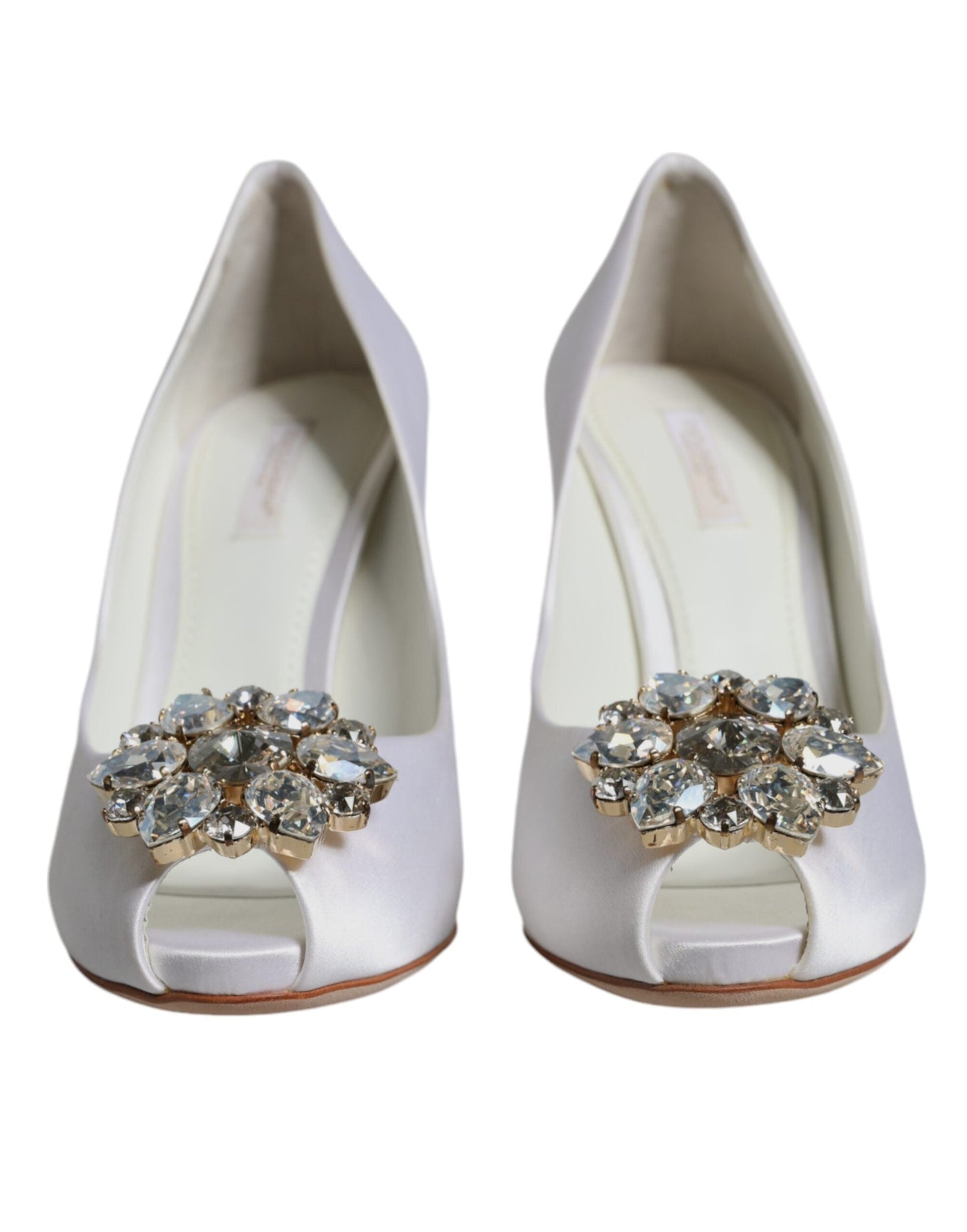Dolce & Gabbana White Crystals Peep Toe Satin Pumps Women's Shoes (Pre-Owned)