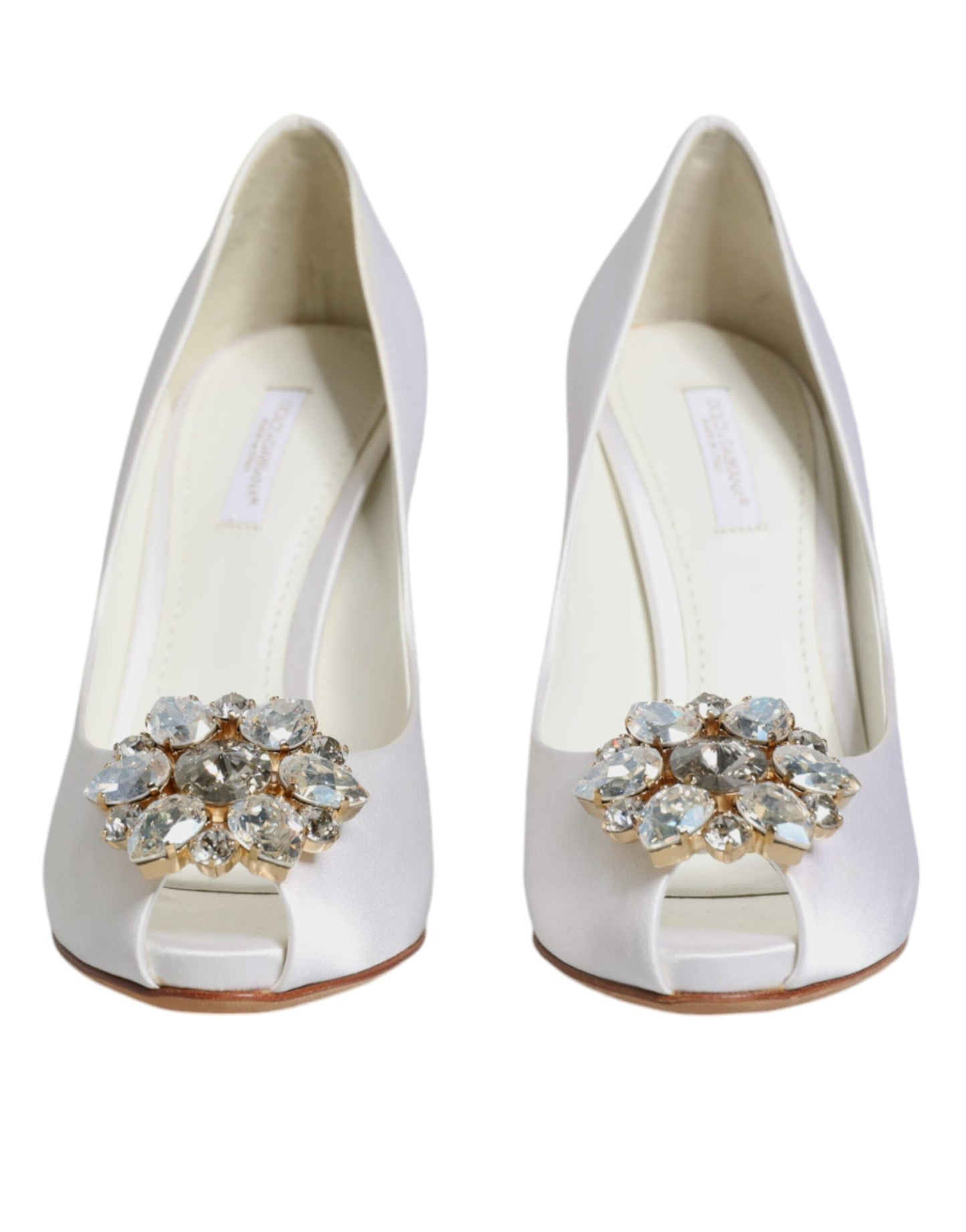 Dolce & Gabbana White Crystals Peep Toe Satin Pumps Women's Shoes (Pre-Owned)