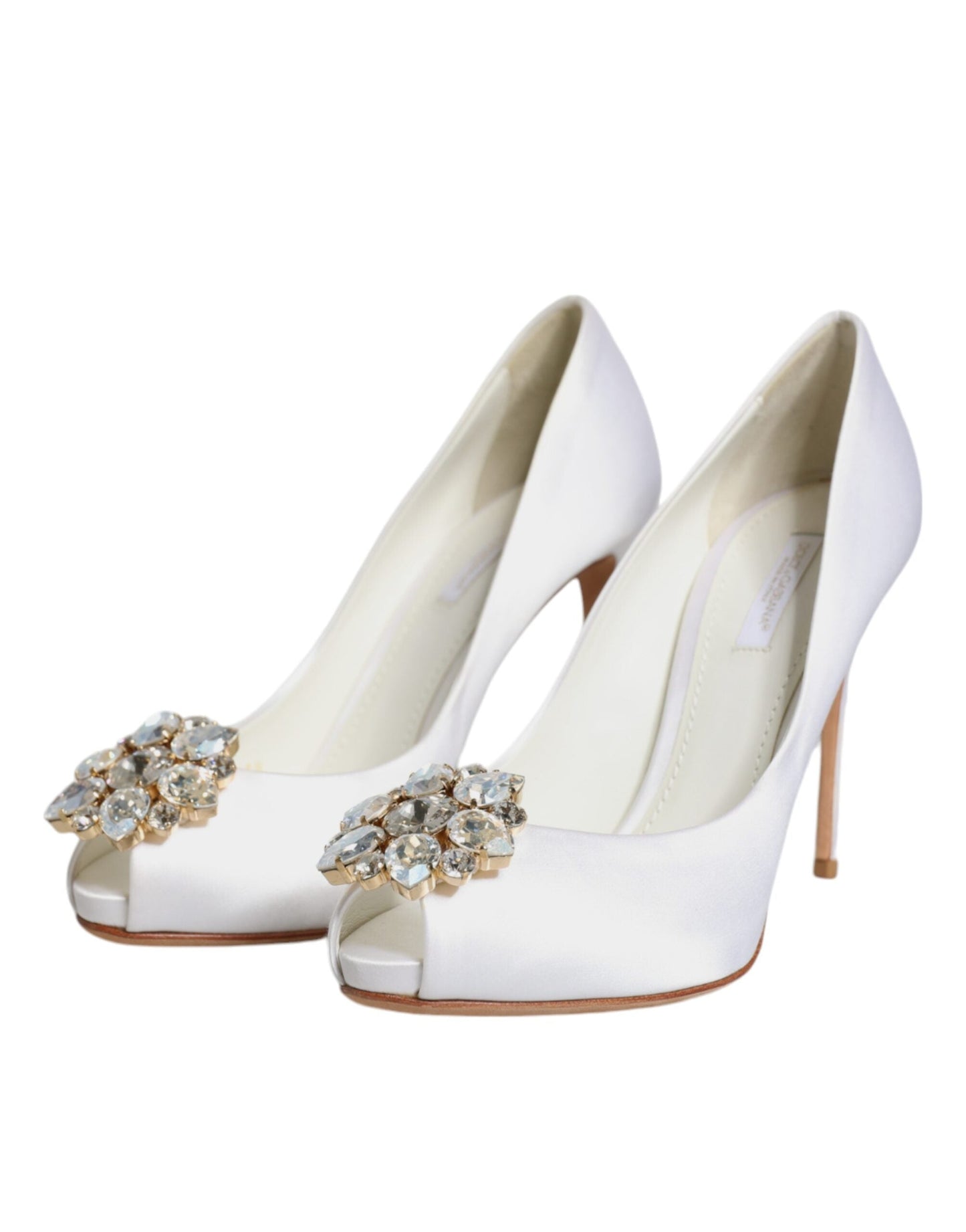 Dolce & Gabbana White Crystals Peep Toe Satin Pumps Women's Shoes (Pre-Owned)
