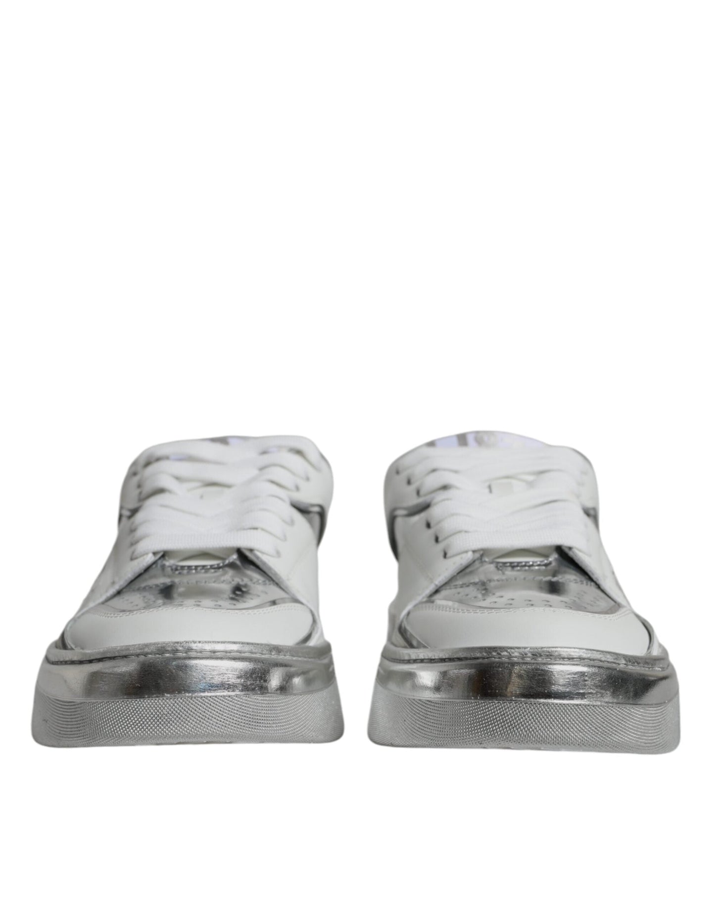 Dolce & Gabbana White Silver Leather Low Top Sneakers Women's Shoes