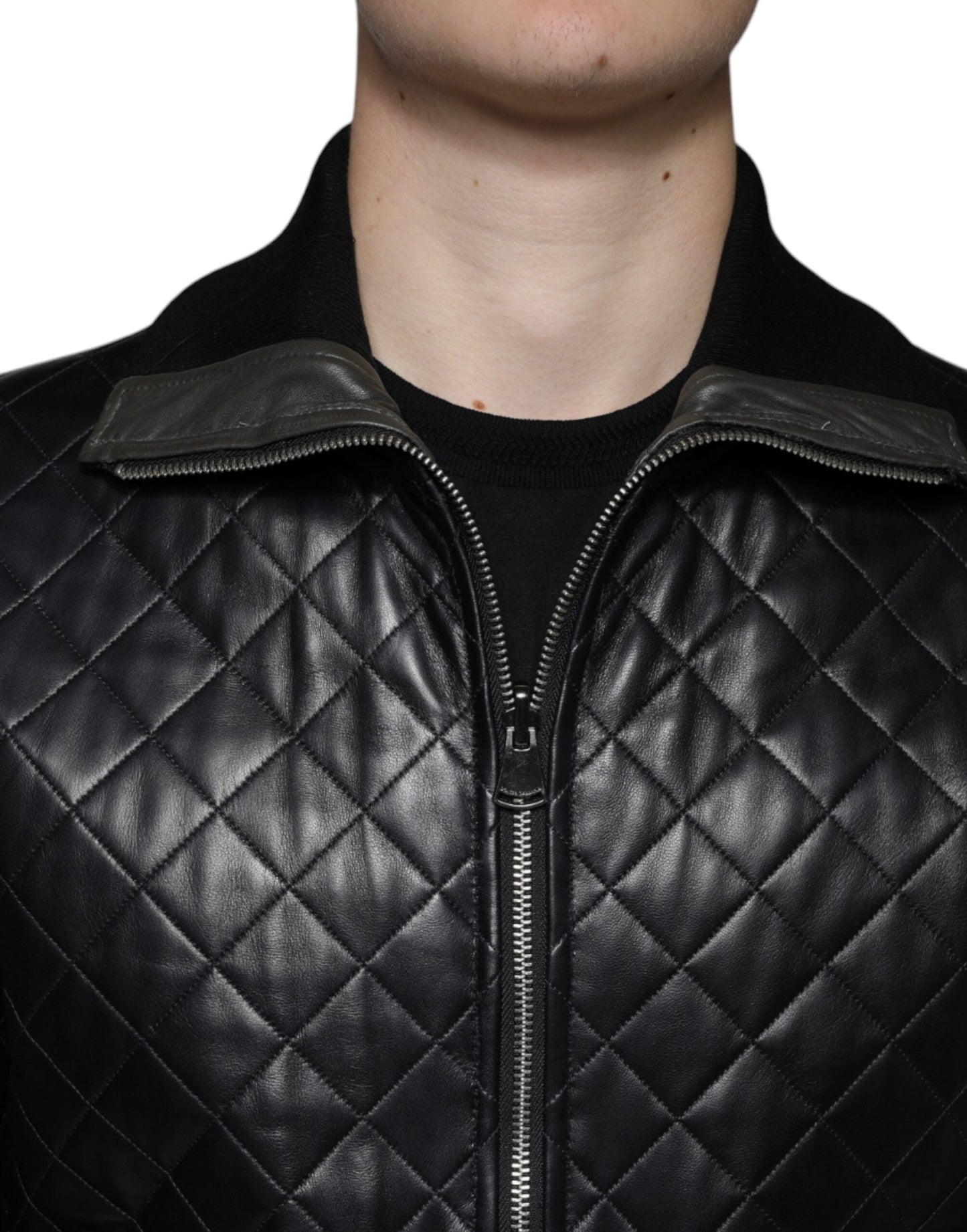 Dolce & Gabbana Black Calf Leather Quilted Full Zip Men's Jacket (Pre-Owned)