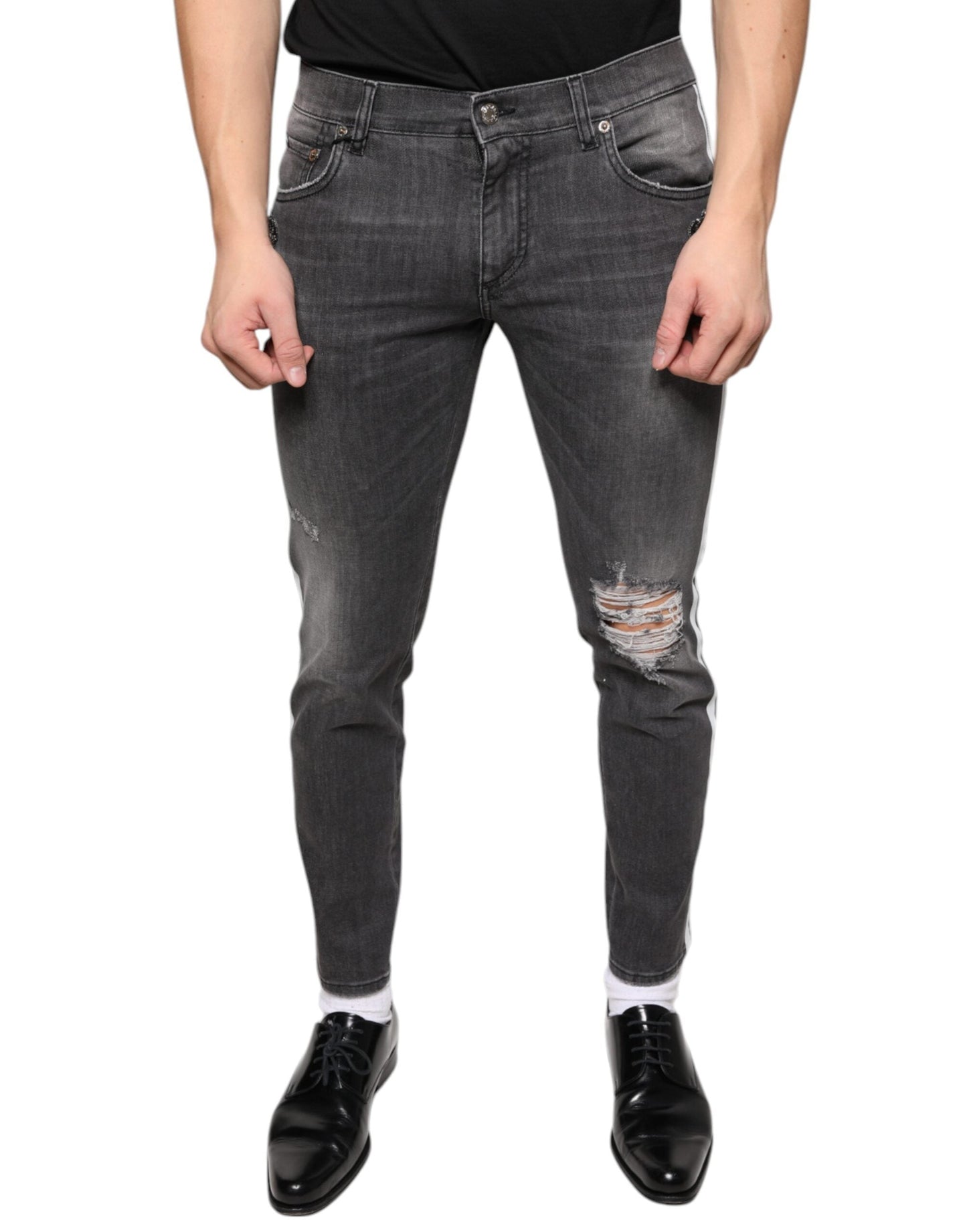 Dolce & Gabbana Black Tattered Cotton Skinny Men Denim Men's Jeans (Pre-Owned)