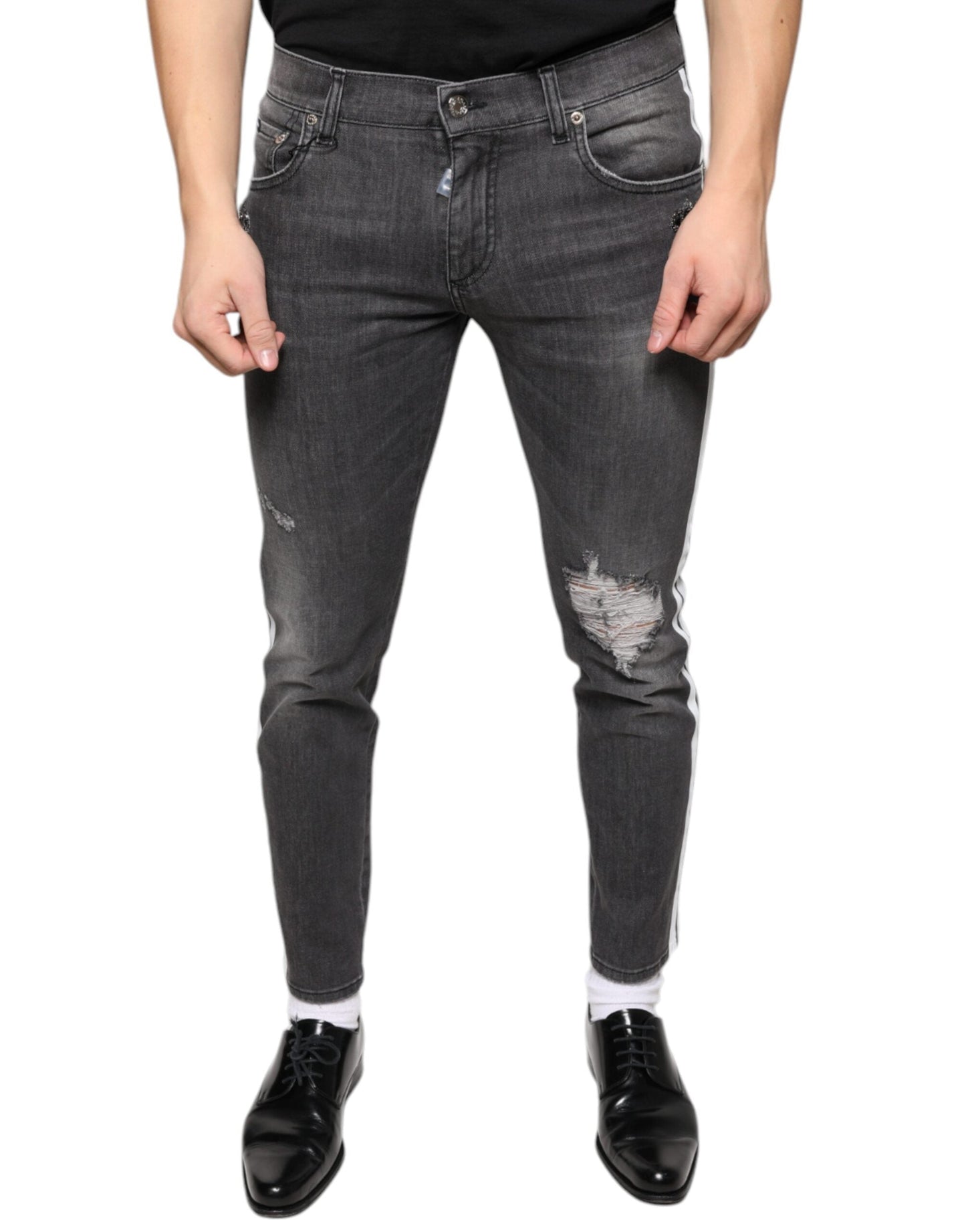 Dolce & Gabbana Black Tattered Cotton Skinny Men Denim Men's Jeans (Pre-Owned)