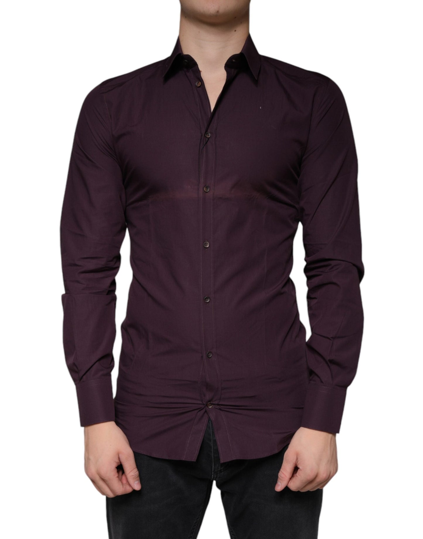 Dolce & Gabbana Dark Violet Cotton Dress GOLD Men Formal Men's Shirt (Pre-Owned)