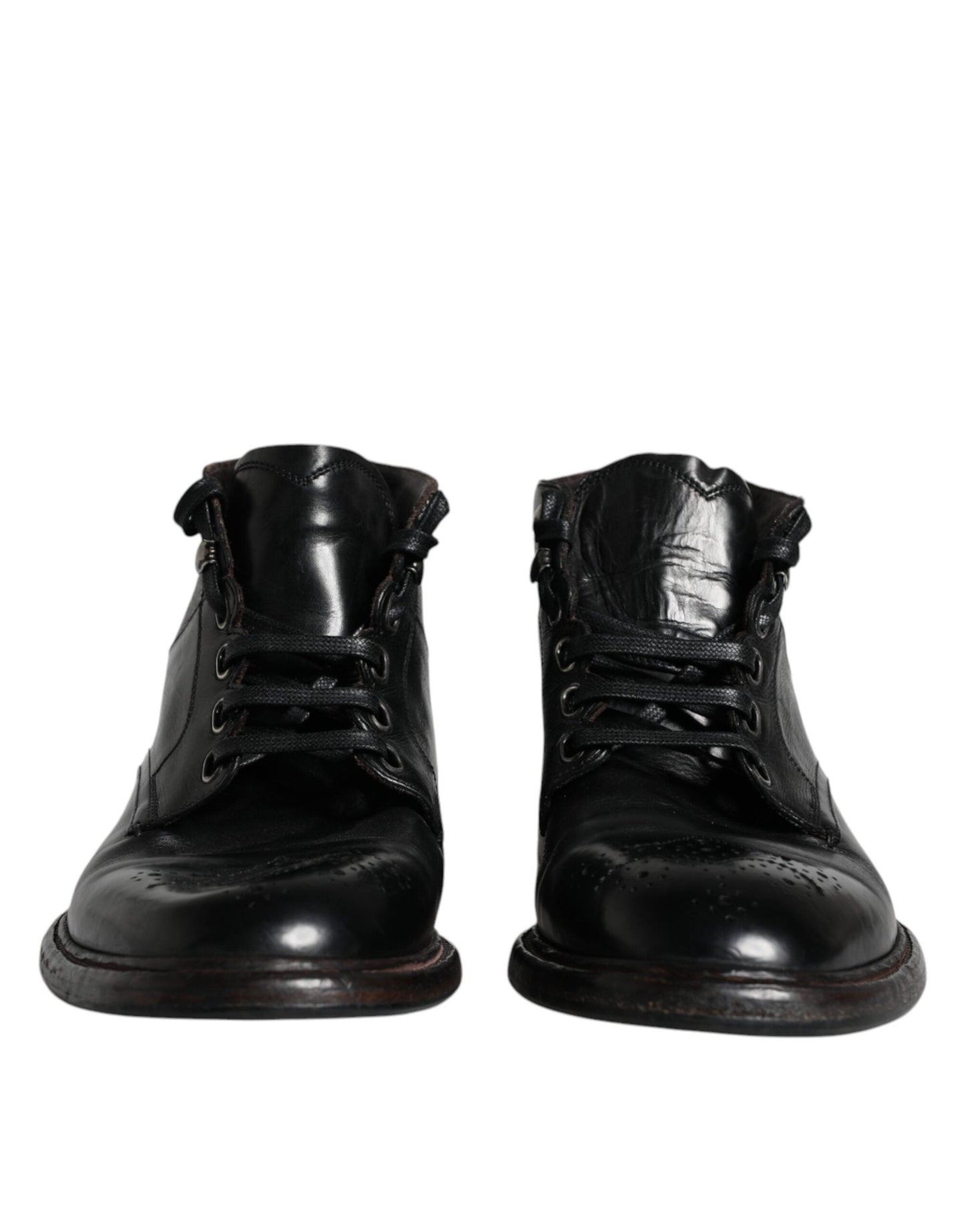Dolce & Gabbana Black Leather Men Short Boots Lace Up Men's Shoes (Pre-Owned)