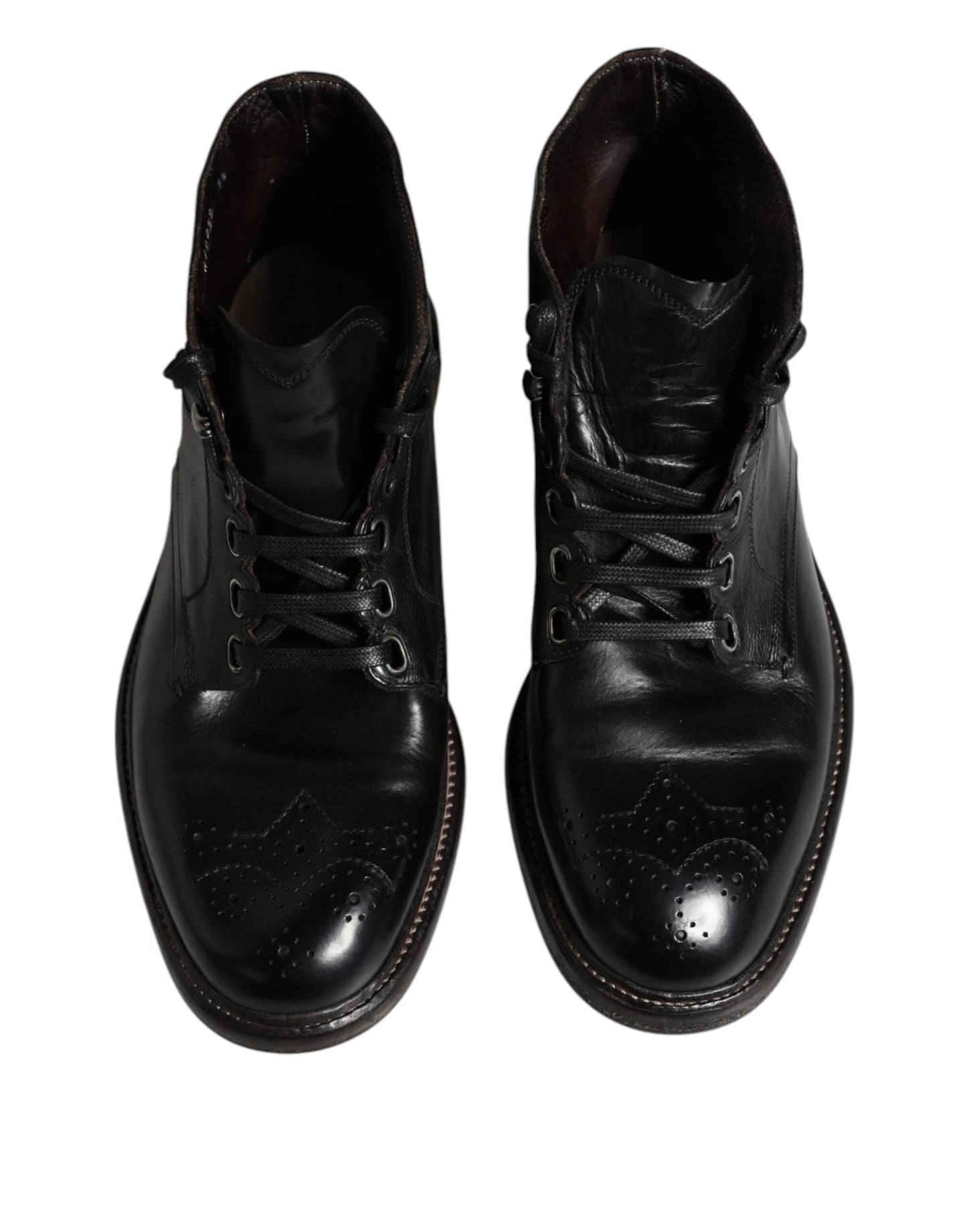 Dolce & Gabbana Black Leather Men Short Boots Lace Up Men's Shoes (Pre-Owned)
