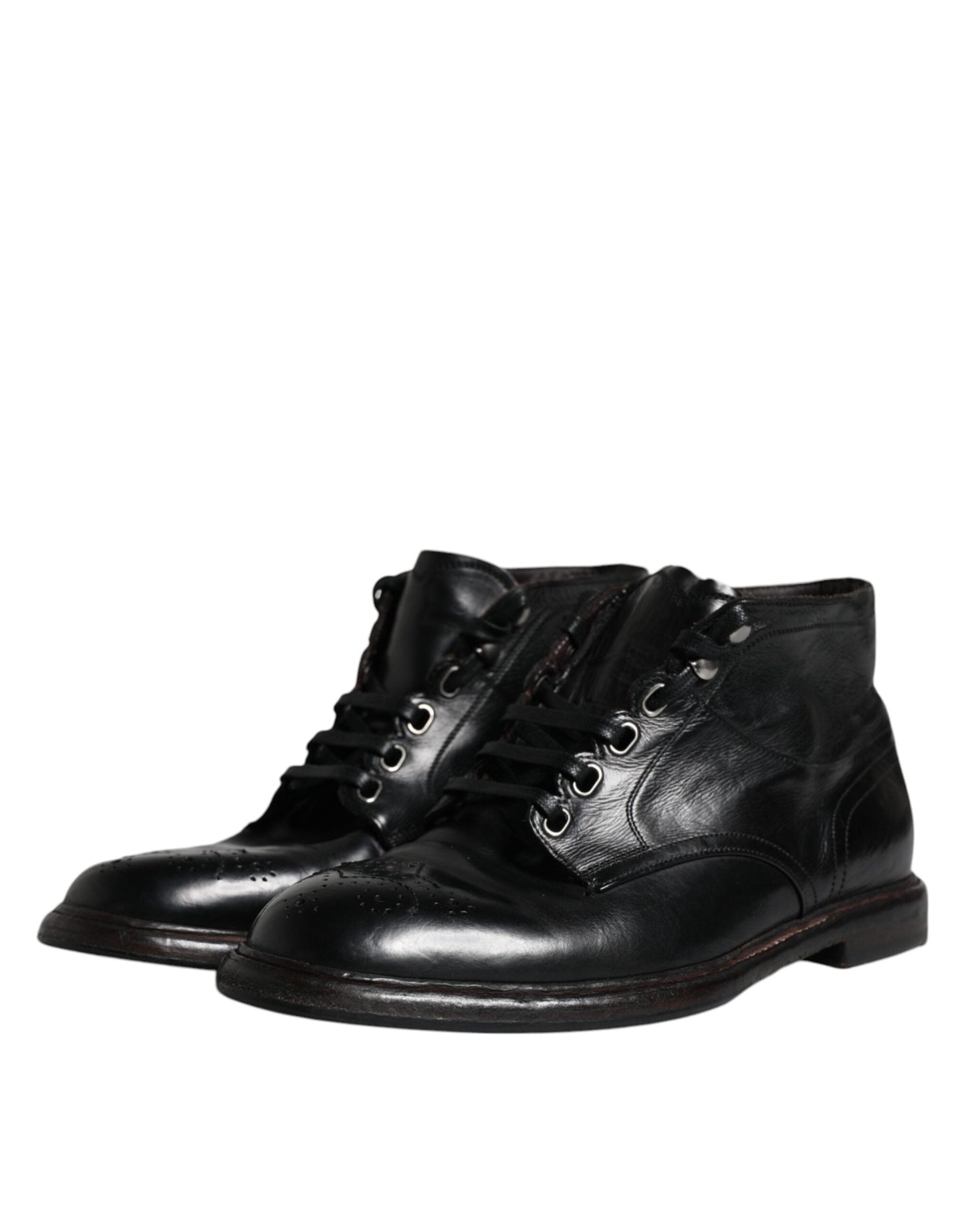 Dolce & Gabbana Black Leather Men Short Boots Lace Up Men's Shoes (Pre-Owned)