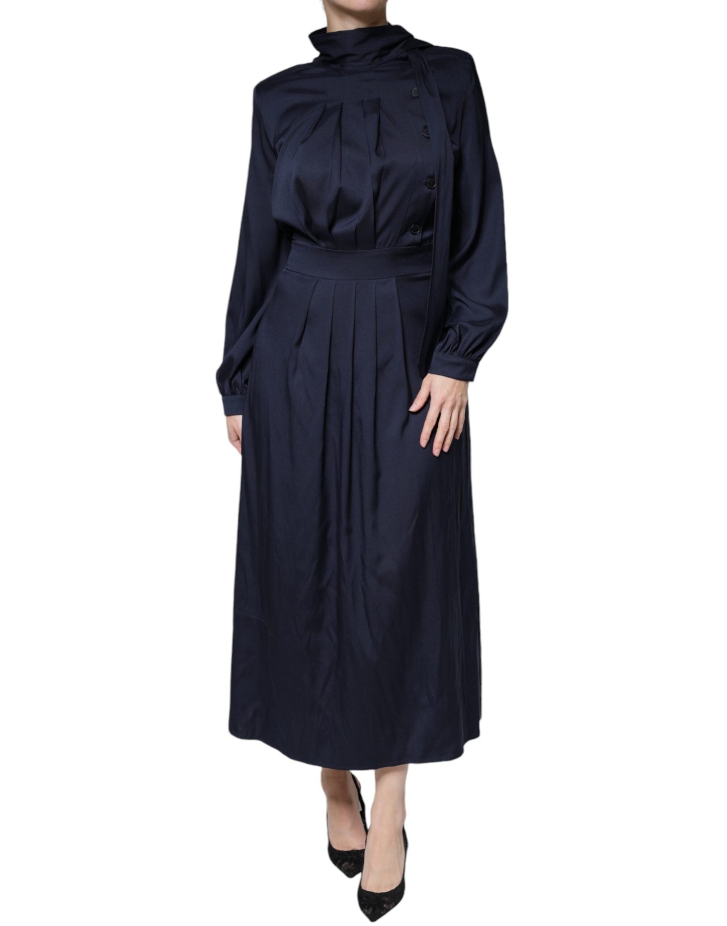 Ballantyne Dark Blue Long Sleeves Pleated A-line Maxi Women's Dress (Pre-Owned)