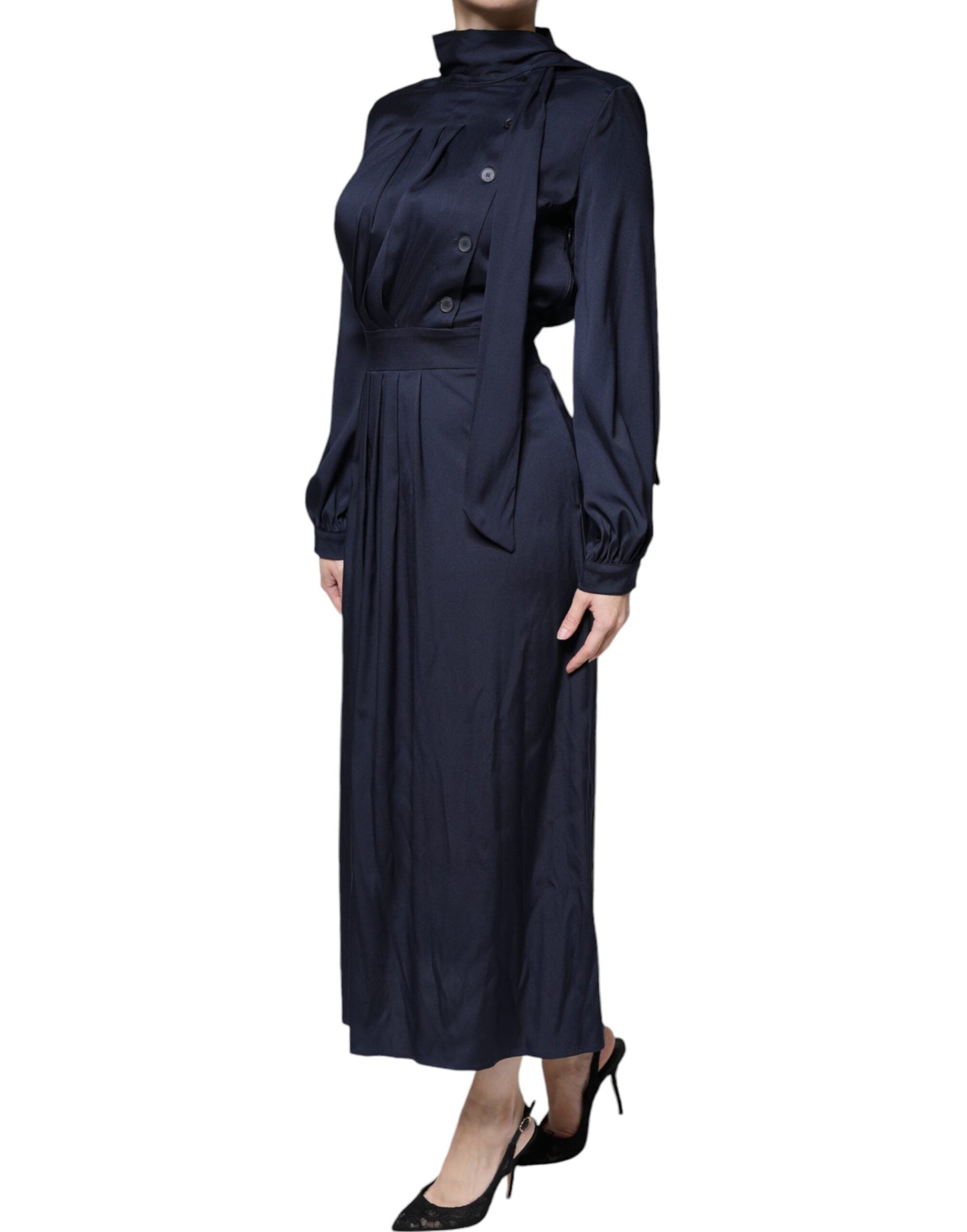 Ballantyne Dark Blue Long Sleeves Pleated A-line Maxi Women's Dress (Pre-Owned)
