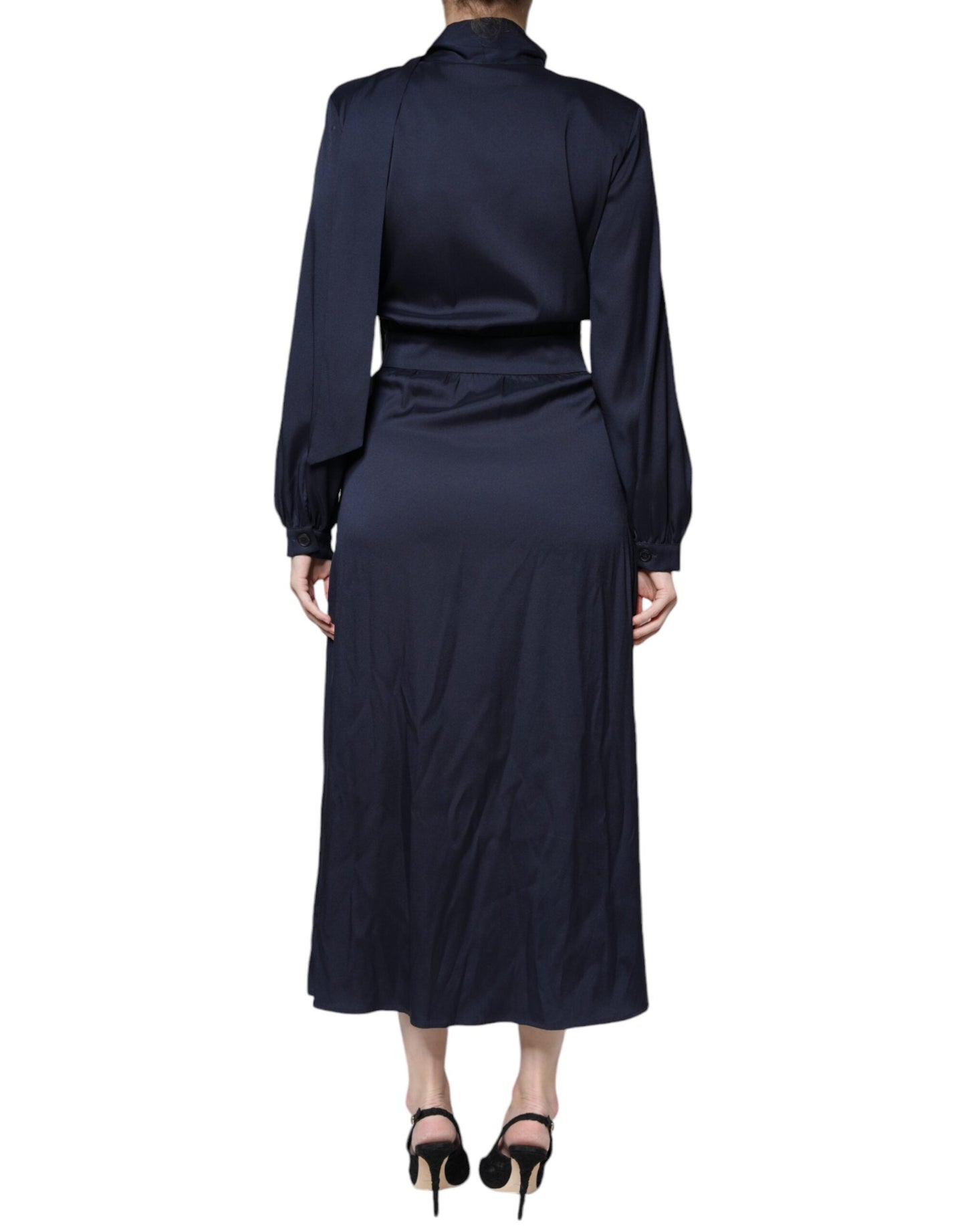 Ballantyne Dark Blue Long Sleeves Pleated A-line Maxi Women's Dress (Pre-Owned)