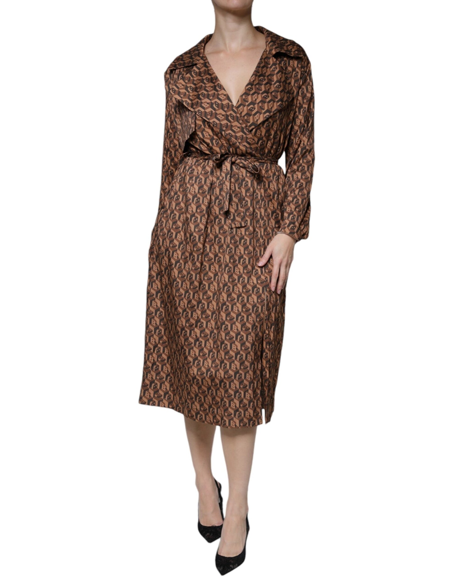 Ballantyne Brown Printed Long Sleeves V-neck Wrap Midi Women's Dress (Pre-Owned)
