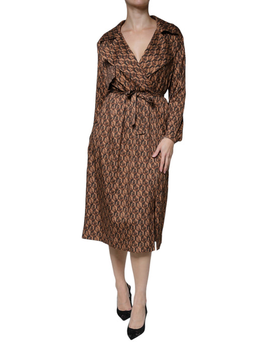Ballantyne Brown Printed Long Sleeves V-neck Wrap Midi Women's Dress (Pre-Owned)