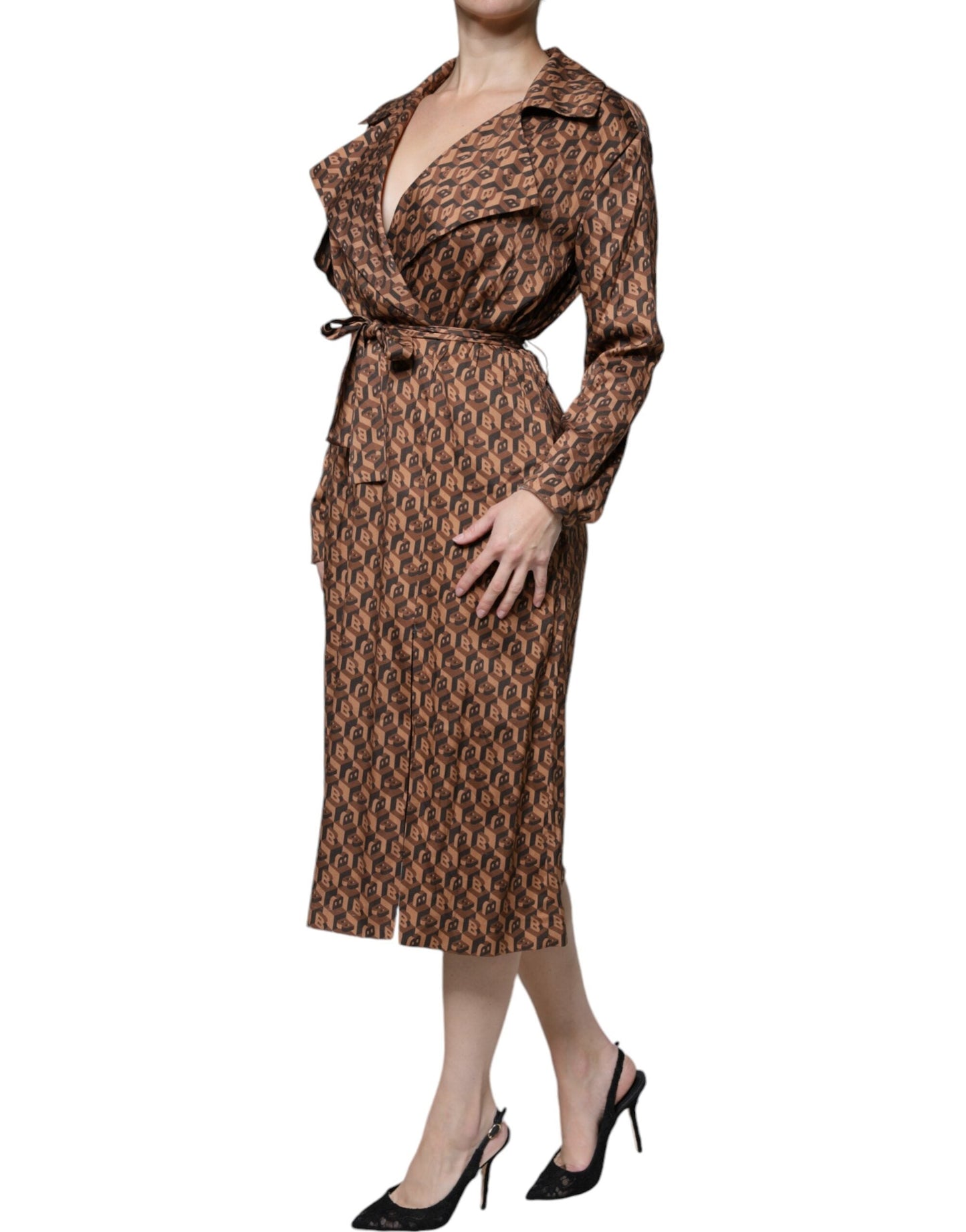 Ballantyne Brown Printed Long Sleeves V-neck Wrap Midi Women's Dress (Pre-Owned)