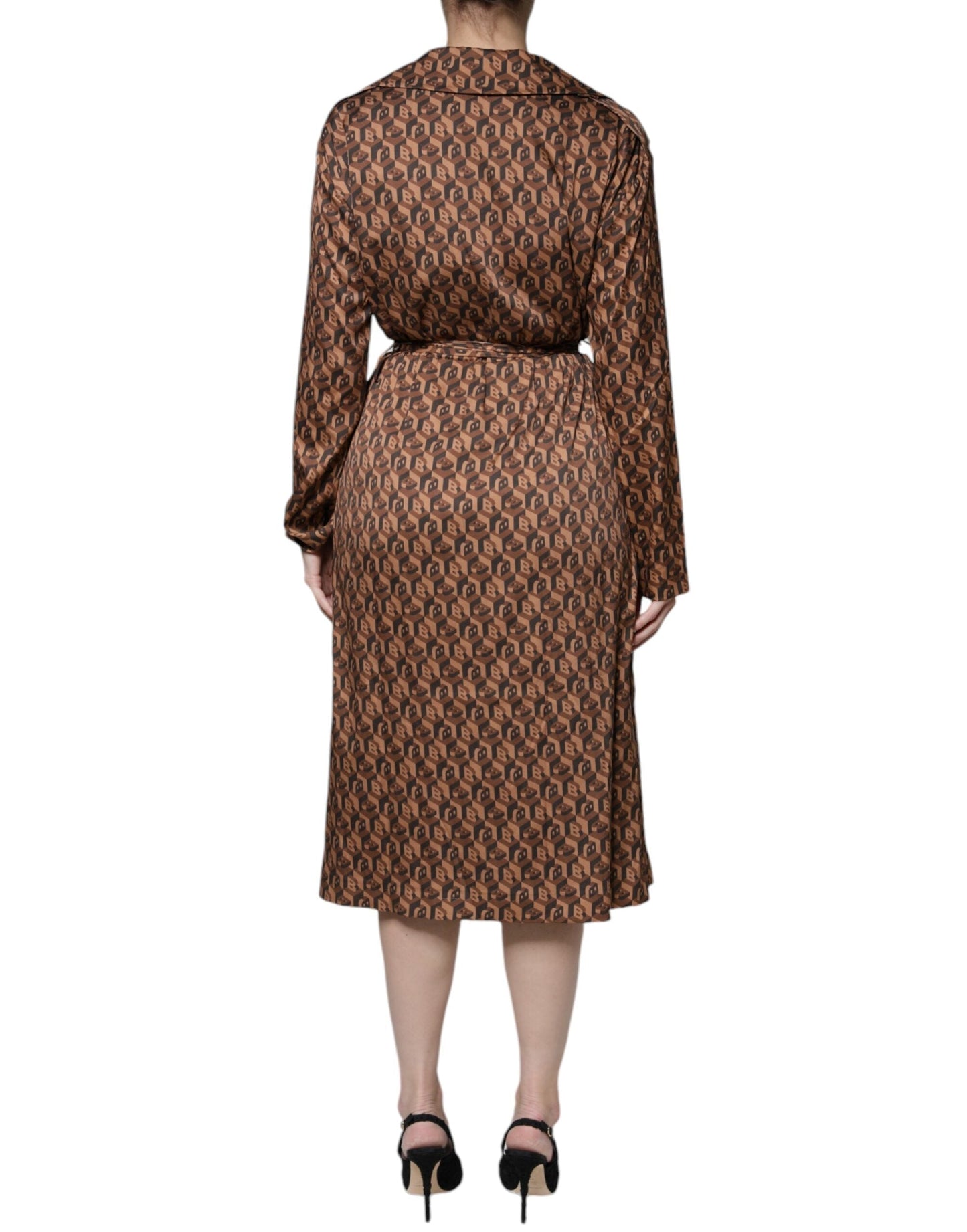 Ballantyne Brown Printed Long Sleeves V-neck Wrap Midi Women's Dress (Pre-Owned)