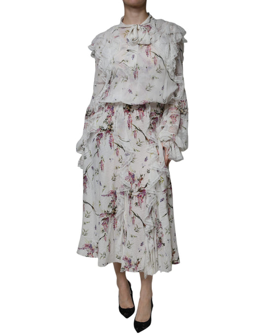 Ermanno Scervino White Floral Ruffles Lace Long Sleeves Maxi Women's Dress (Pre-Owned)