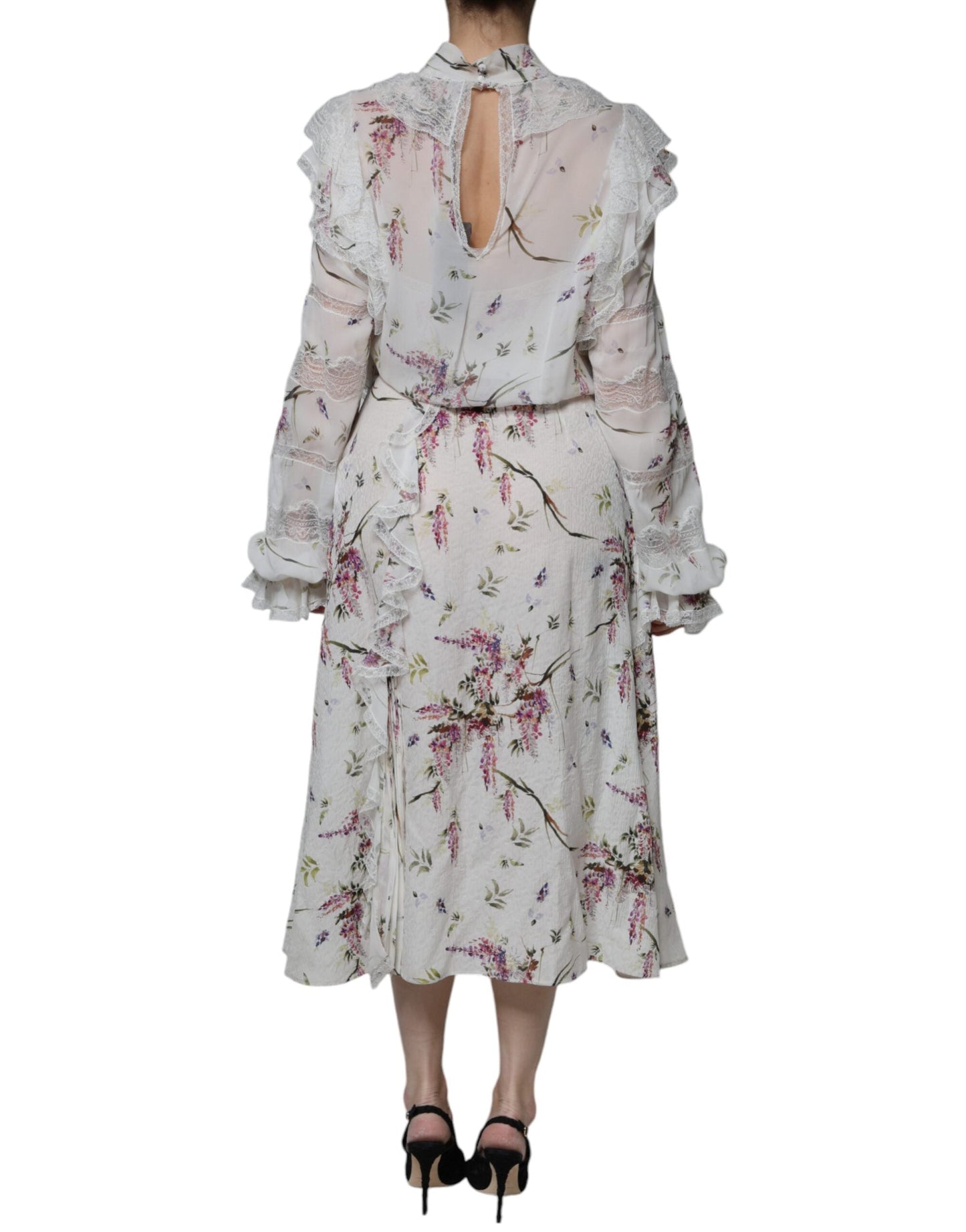 Ermanno Scervino White Floral Ruffles Lace Long Sleeves Maxi Women's Dress (Pre-Owned)