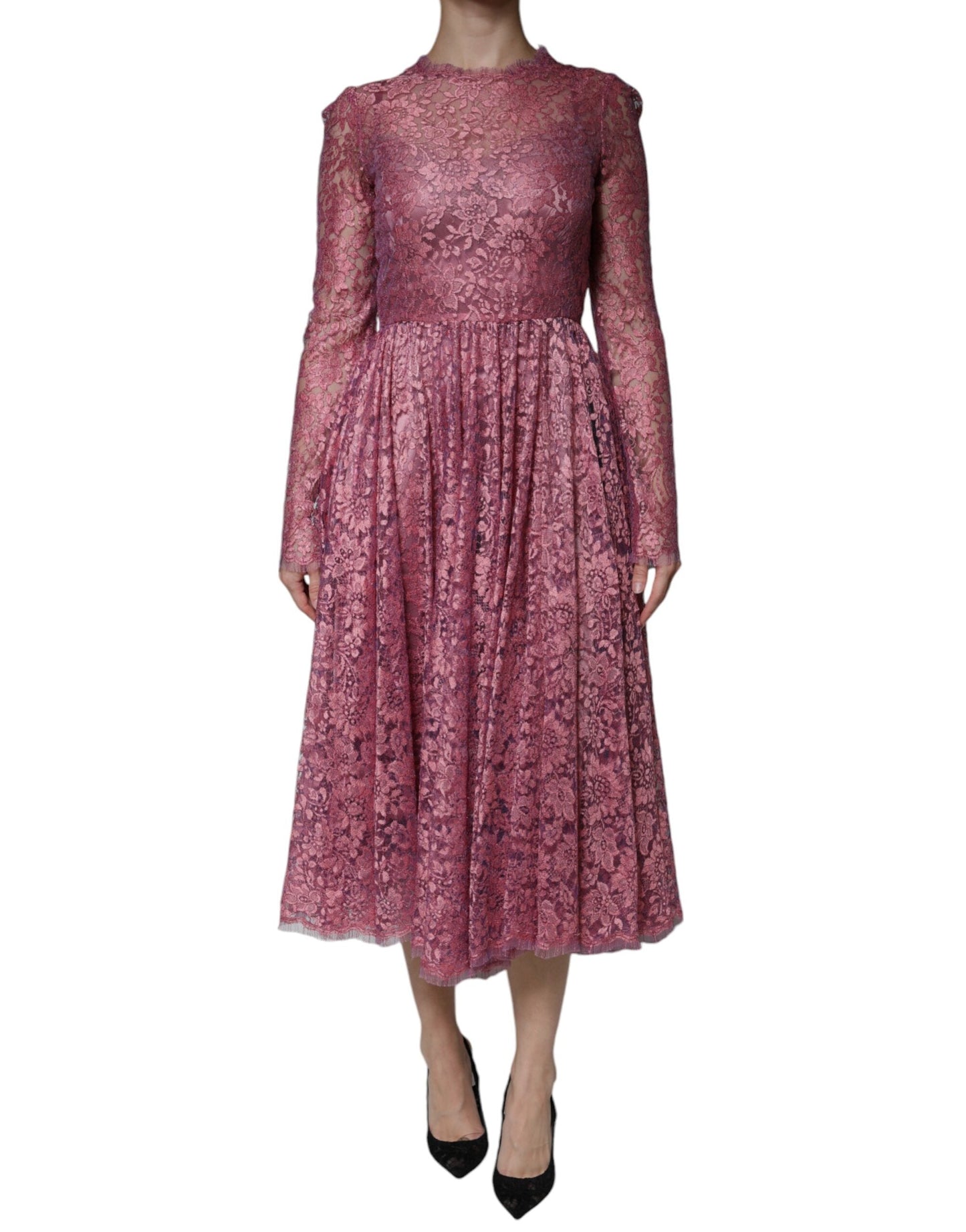 Dolce & Gabbana Fuchsia Floral Lace Long Sleeve Maxi Women's Dress (Pre-Owned)
