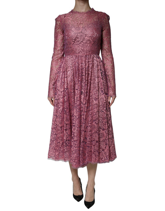Dolce & Gabbana Fuchsia Floral Lace Long Sleeve Maxi Women's Dress (Pre-Owned)