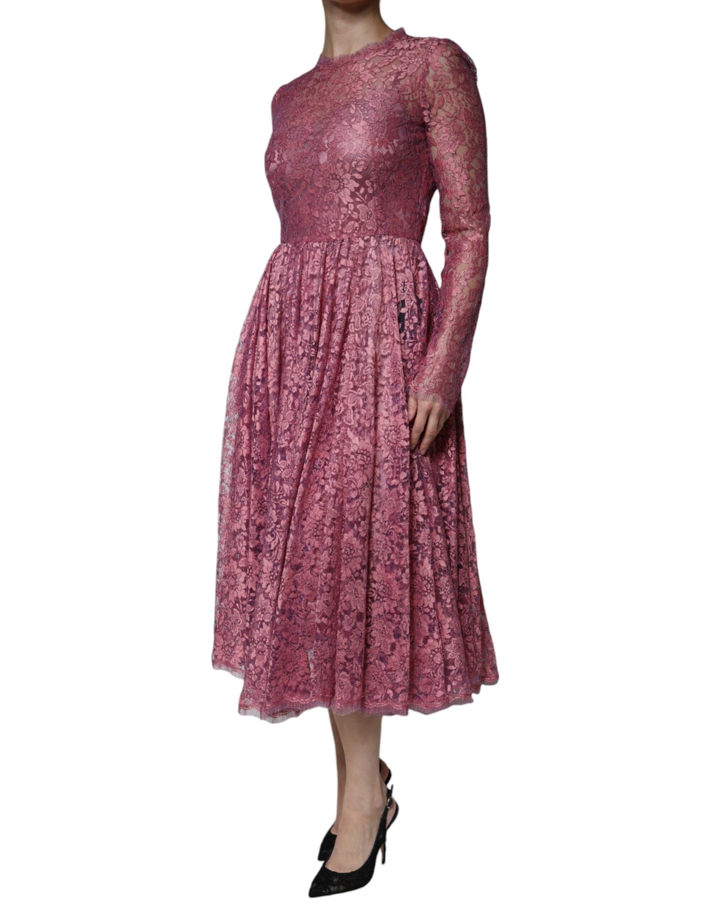Dolce & Gabbana Fuchsia Floral Lace Long Sleeve Maxi Women's Dress (Pre-Owned)