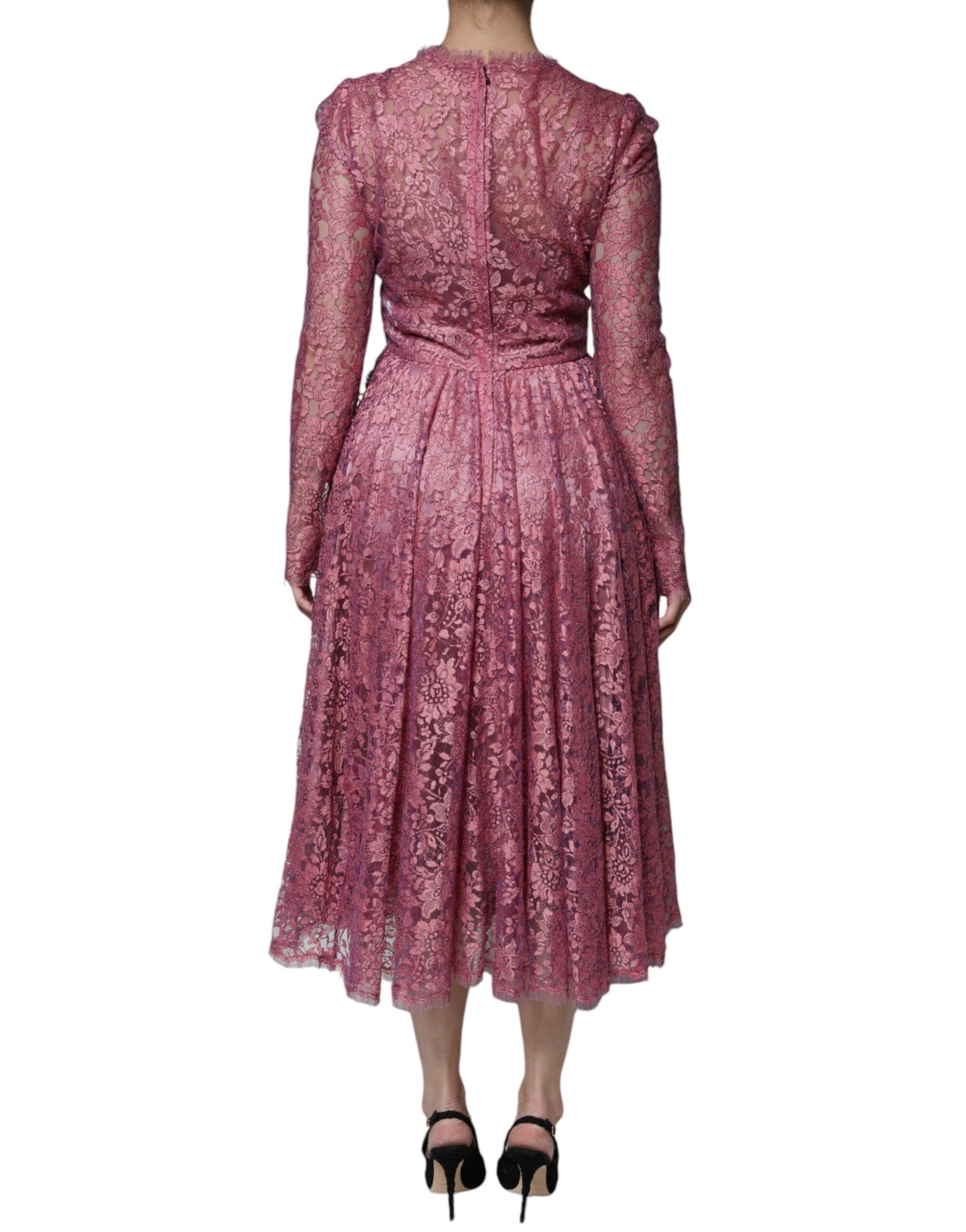 Dolce & Gabbana Fuchsia Floral Lace Long Sleeve Maxi Women's Dress (Pre-Owned)