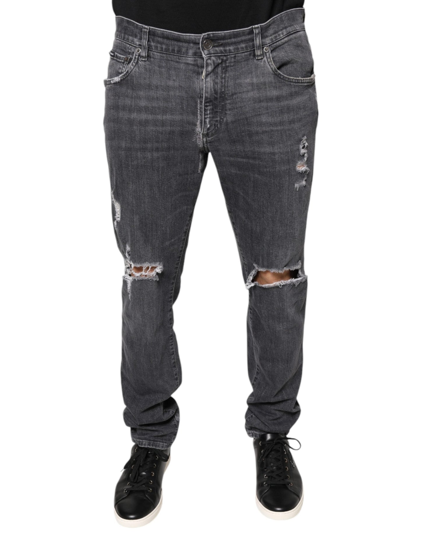 Dolce & Gabbana Dark Gray Tattered Cotton Skinny Denim Men's Jeans (Pre-Owned)