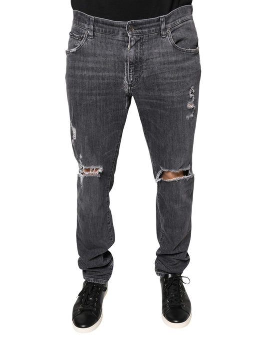 Dolce & Gabbana Dark Gray Tattered Cotton Skinny Denim Men's Jeans (Pre-Owned)