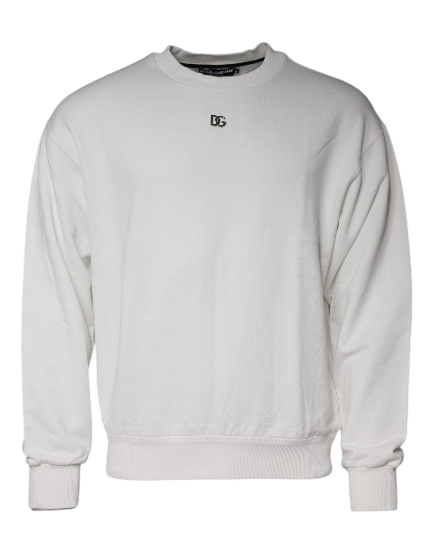 Dolce & Gabbana White Logo Cotton Crew Neck Pullover Men's Sweater (Pre-Owned)