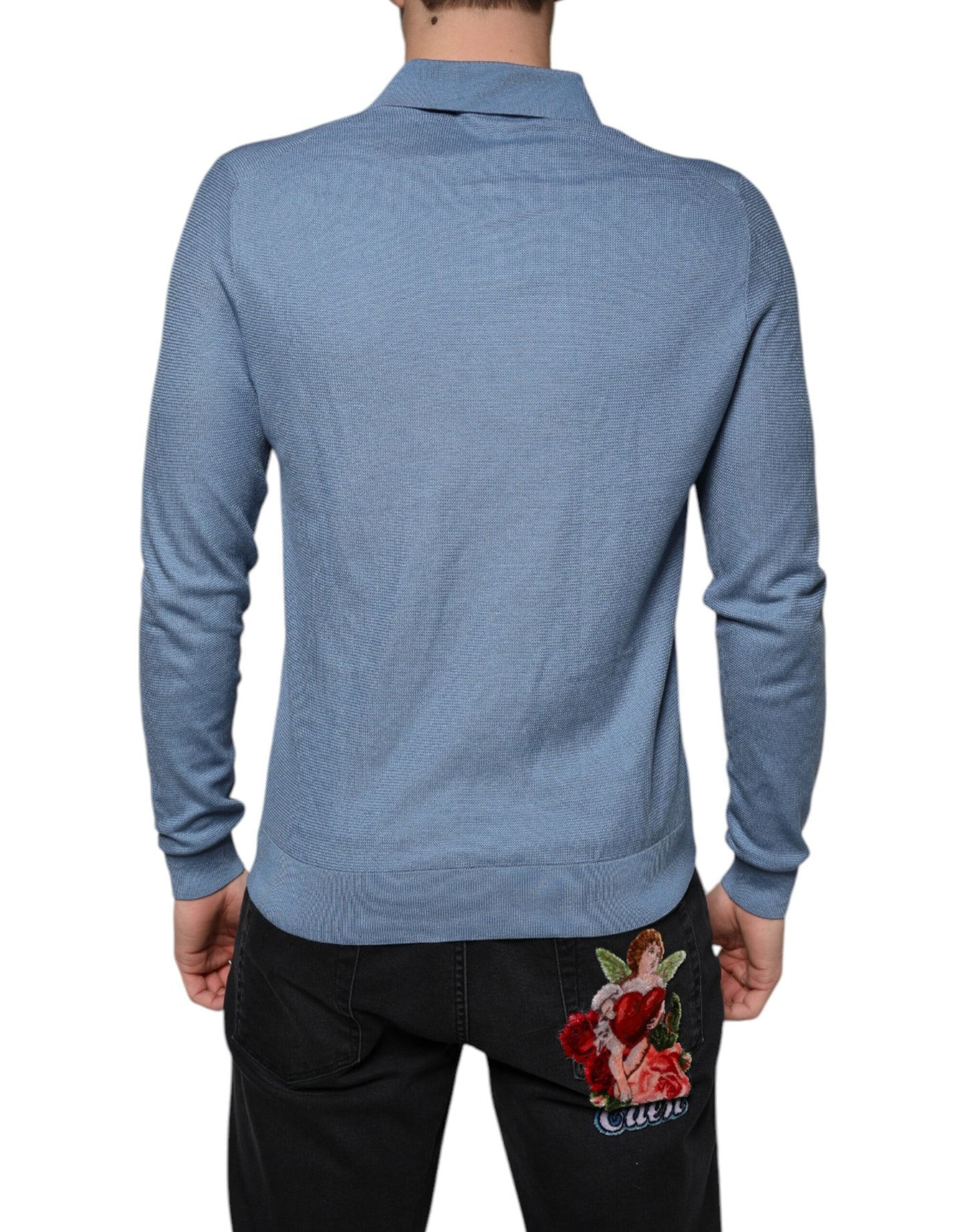 Dolce & Gabbana Sky Blue Silk Collared Men Pullover Men's Sweater