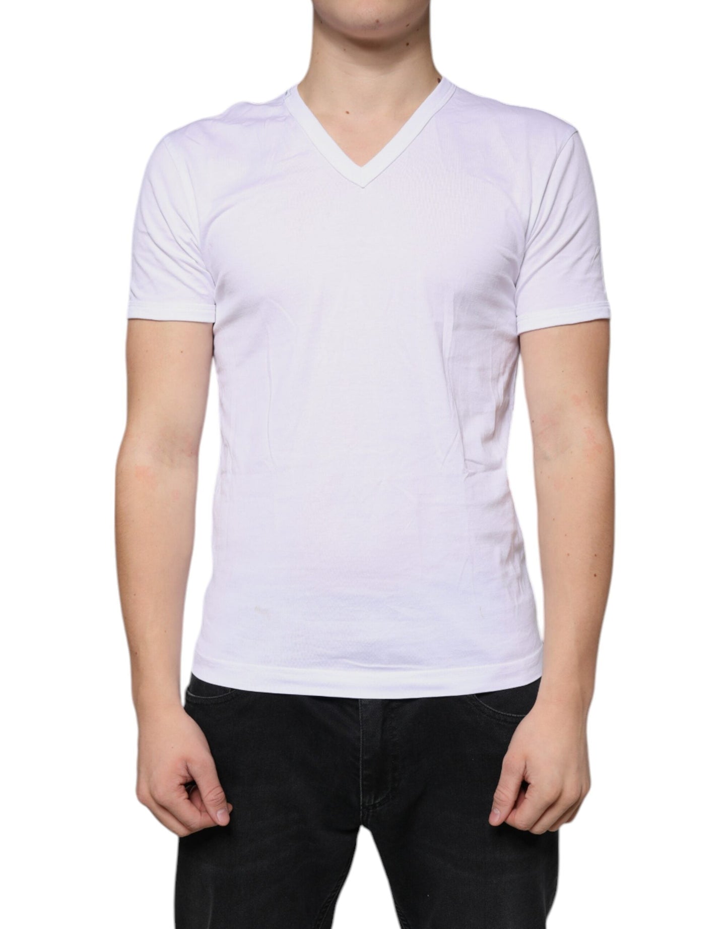 Dolce & Gabbana White Cotton V-neck Short Sleeves Men's T-shirt (Pre-Owned)