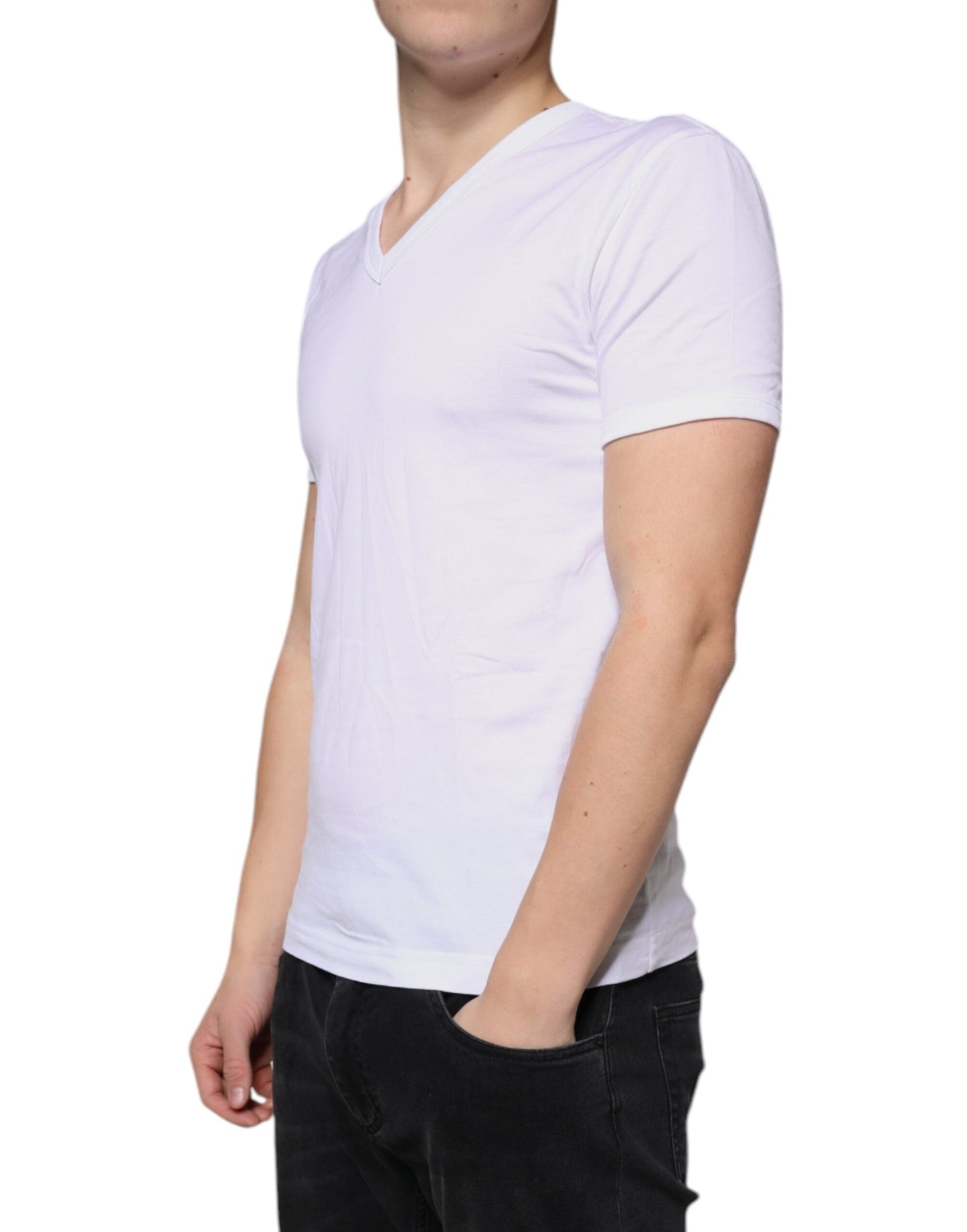 Dolce & Gabbana White Cotton V-neck Short Sleeves Men's T-shirt (Pre-Owned)
