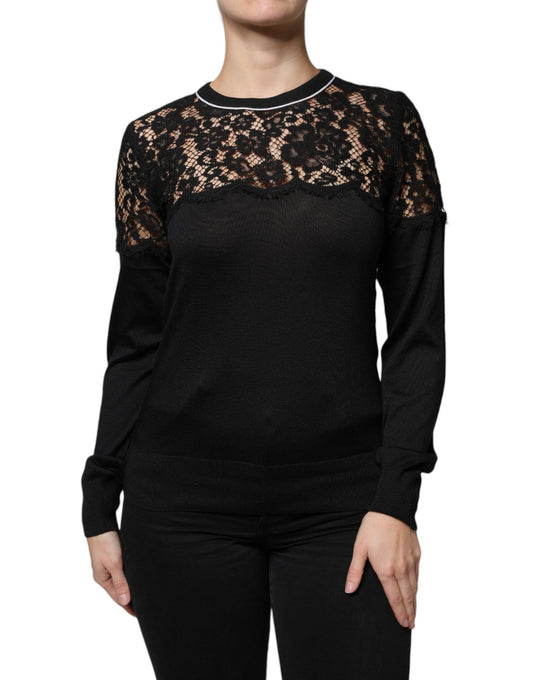 Dolce & Gabbana Black Floral Lace Silk Pullover Blouse Women's Top