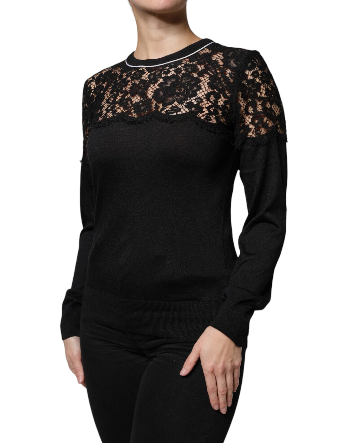 Dolce & Gabbana Black Floral Lace Silk Pullover Blouse Women's Top