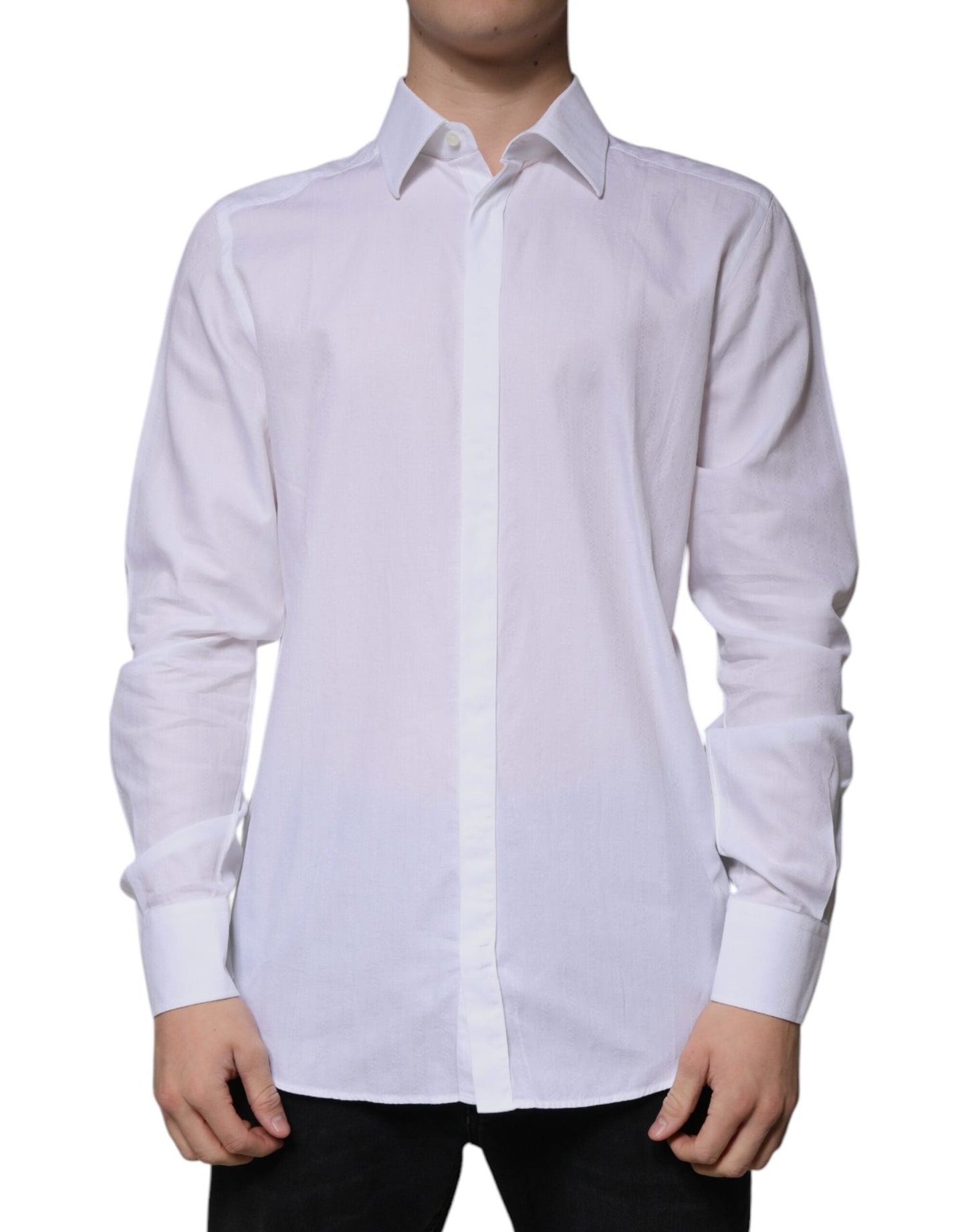Dolce & Gabbana White Cotton Slim Fit Formal GOLD Dress Men's Shirt (Pre-Owned)