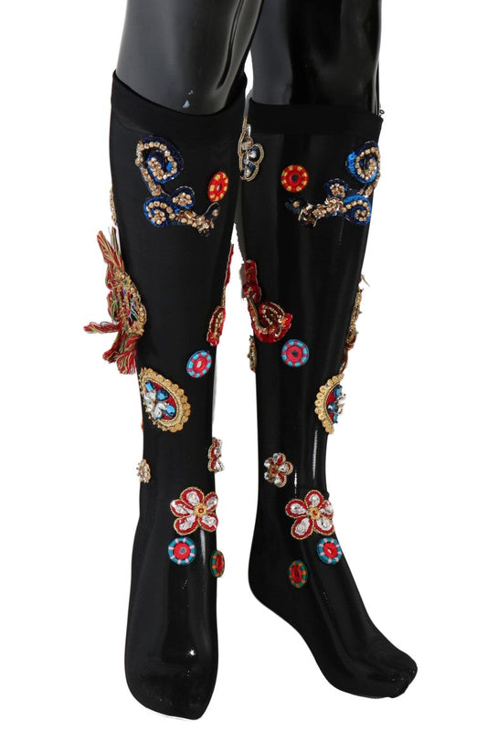 Dolce & Gabbana Black Stretch Carretto Crystal Women's Socks