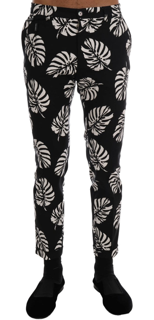 Dolce & Gabbana White Black Leaf Cotton Stretch Slim Men's Pants
