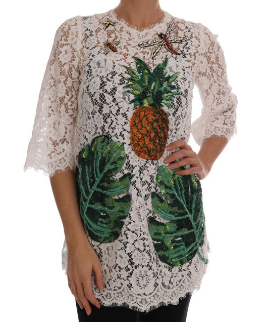 Dolce & Gabbana White Crystal Embellished Lace Women's Blouse