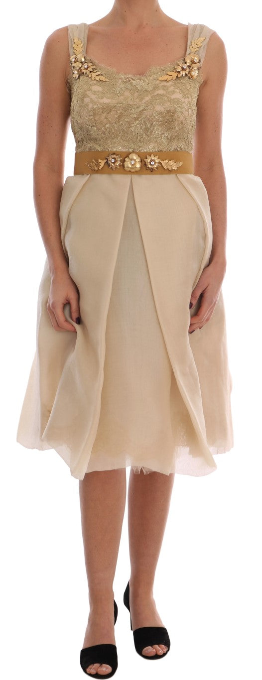 Dolce & Gabbana Gold Silk Crystal Embellished Women's Dress