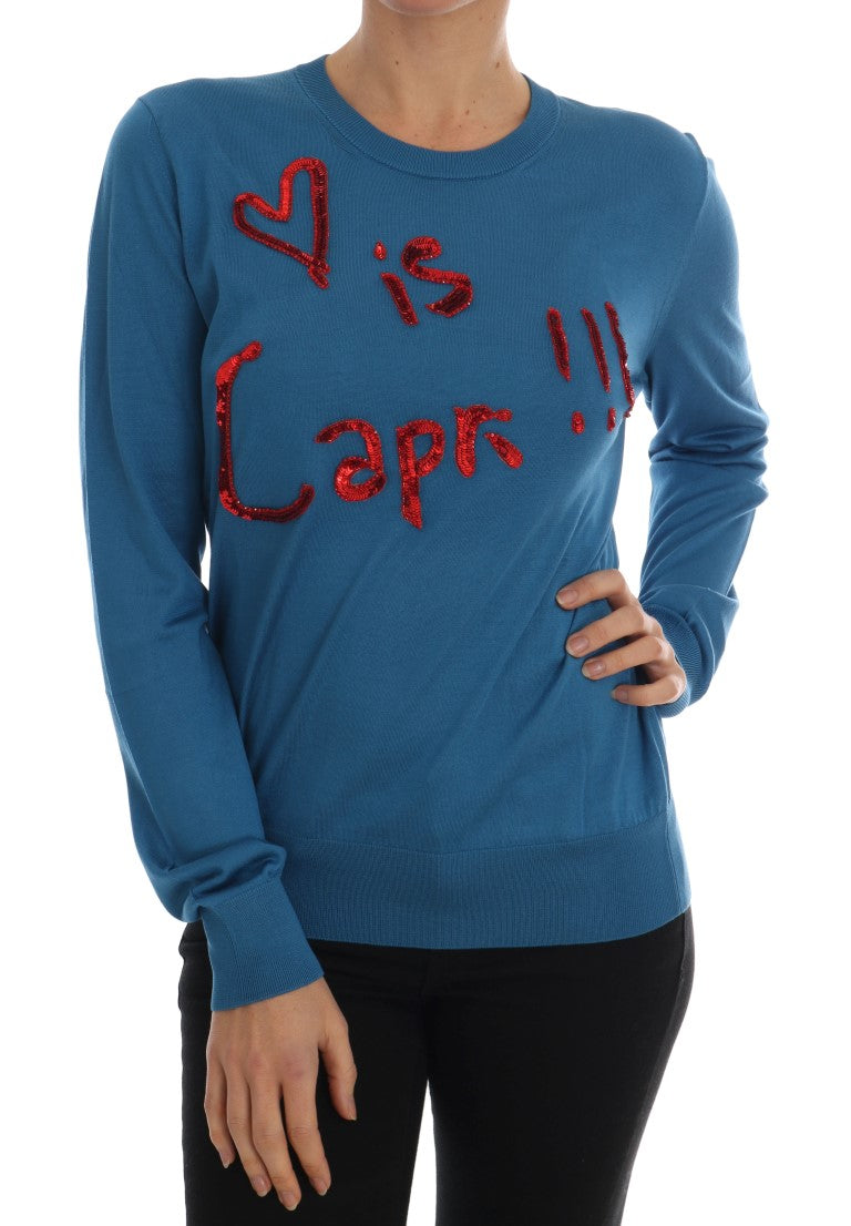 Dolce & Gabbana Blue Silk Love is Pullover Women's Sweater