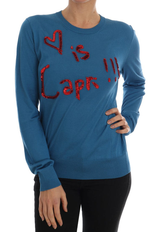 Dolce & Gabbana Blue Silk Love is Pullover Women's Sweater
